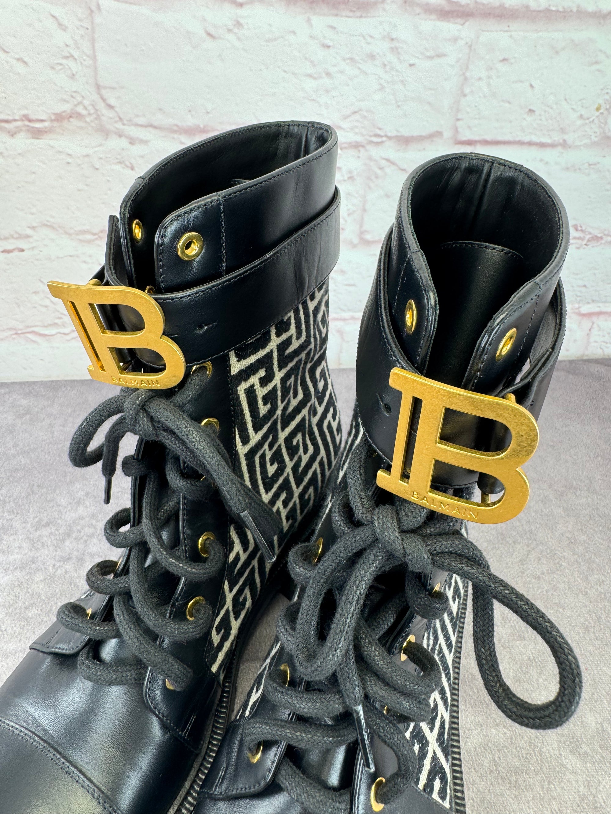 Balmain Jacquard Ranger Romy Lace Up Combat Boots 41