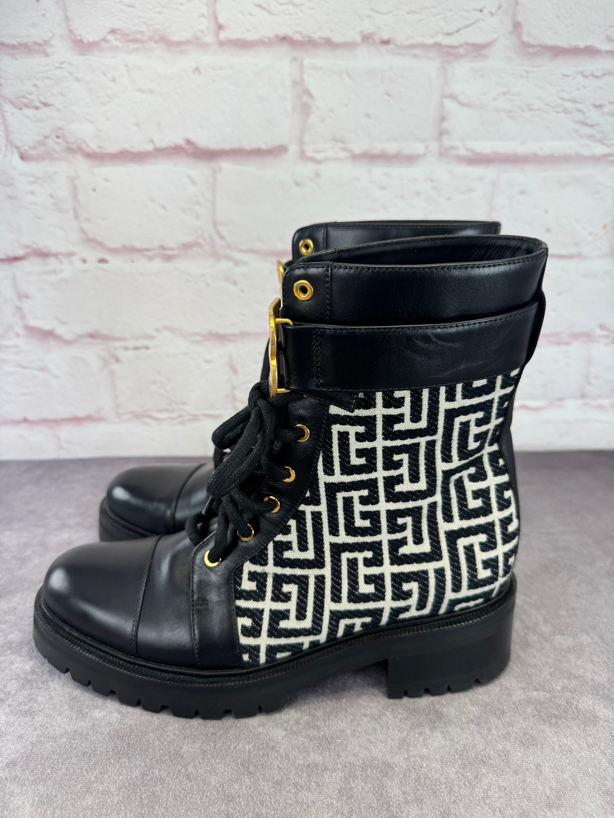 Balmain Jacquard Ranger Romy Lace Up Combat Boots 41
