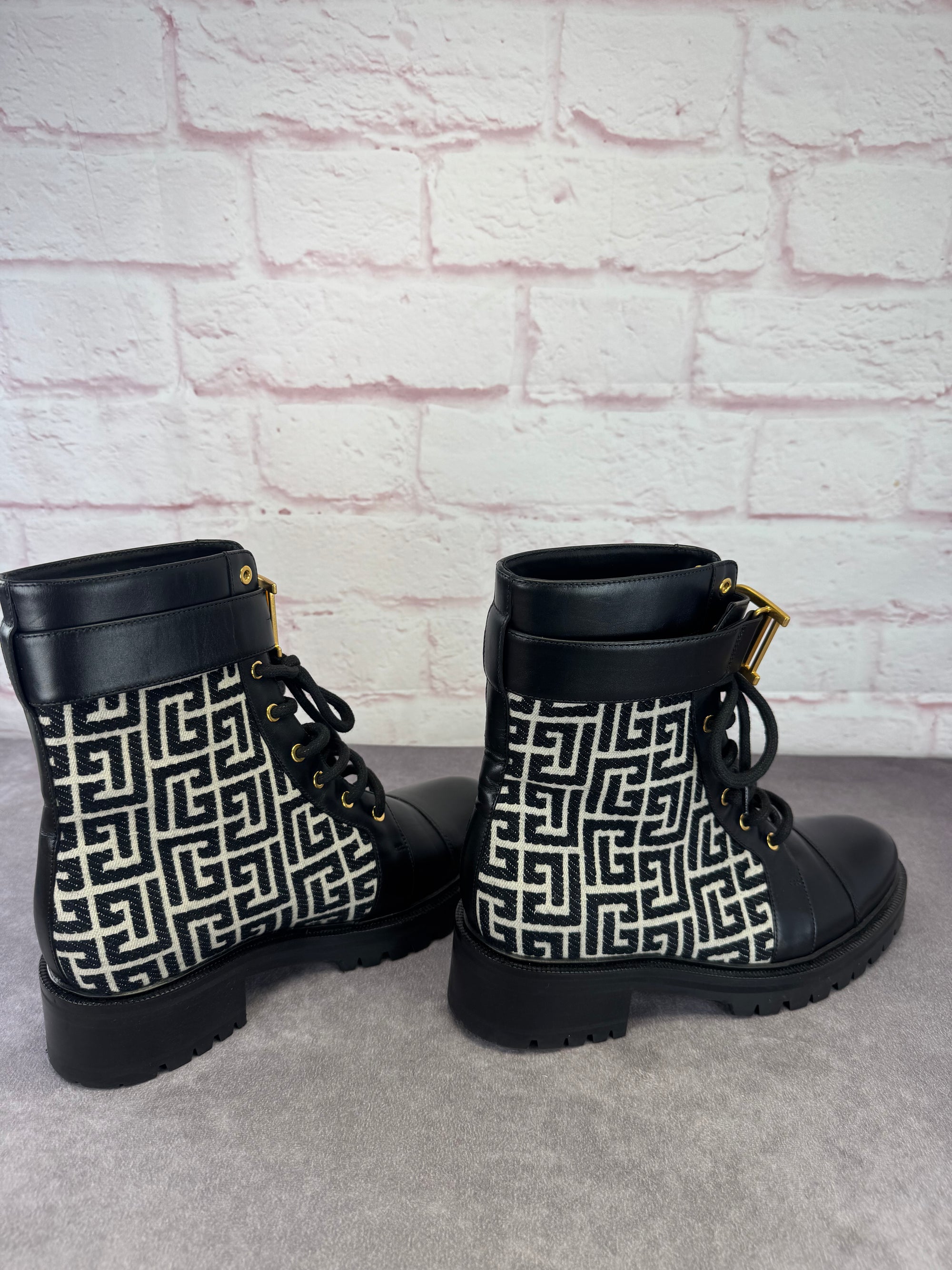 Balmain Jacquard Ranger Romy Lace Up Combat Boots 41