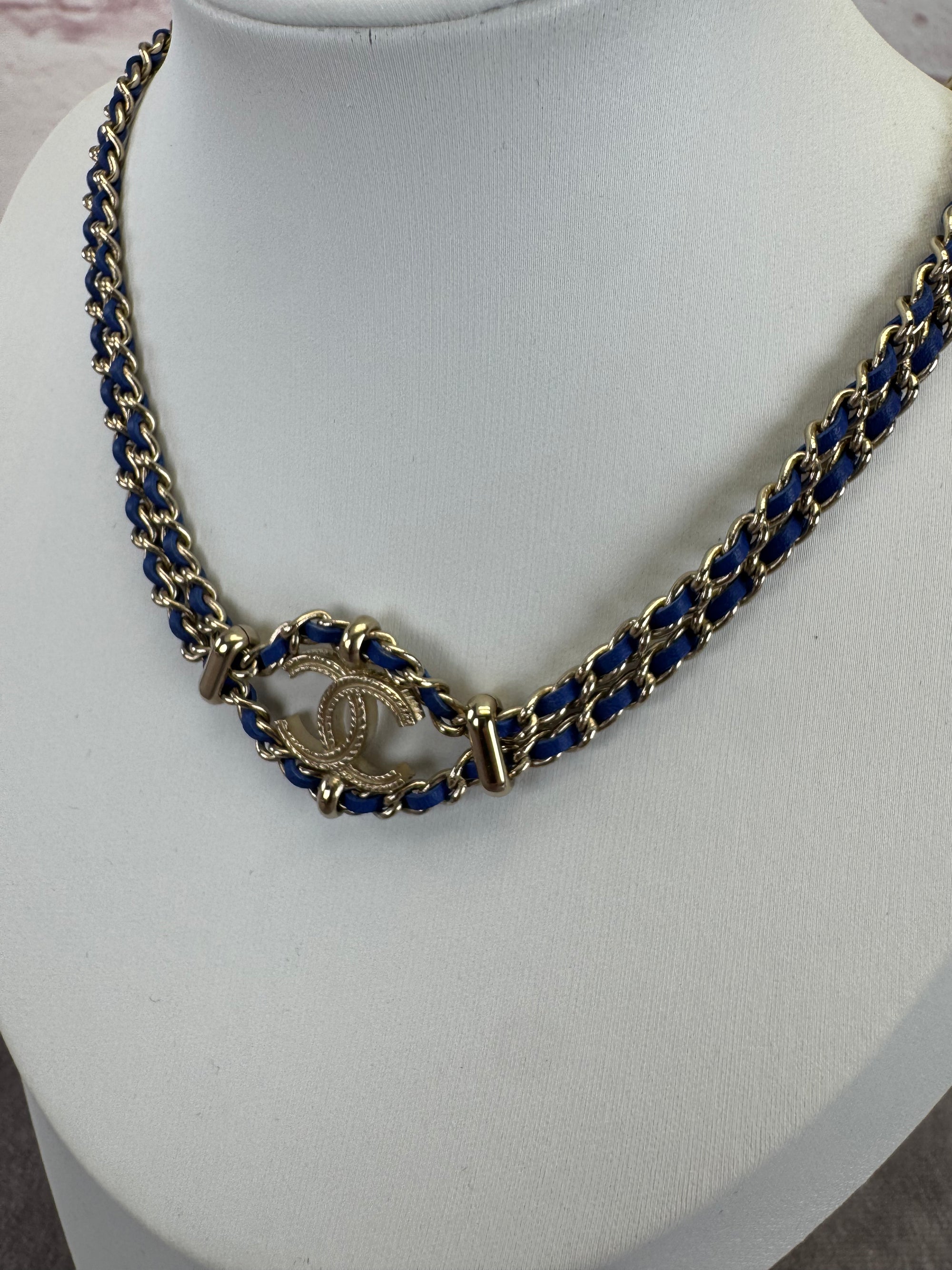 Chanel Metal Calfskin Blue Chain Link Choker Necklace