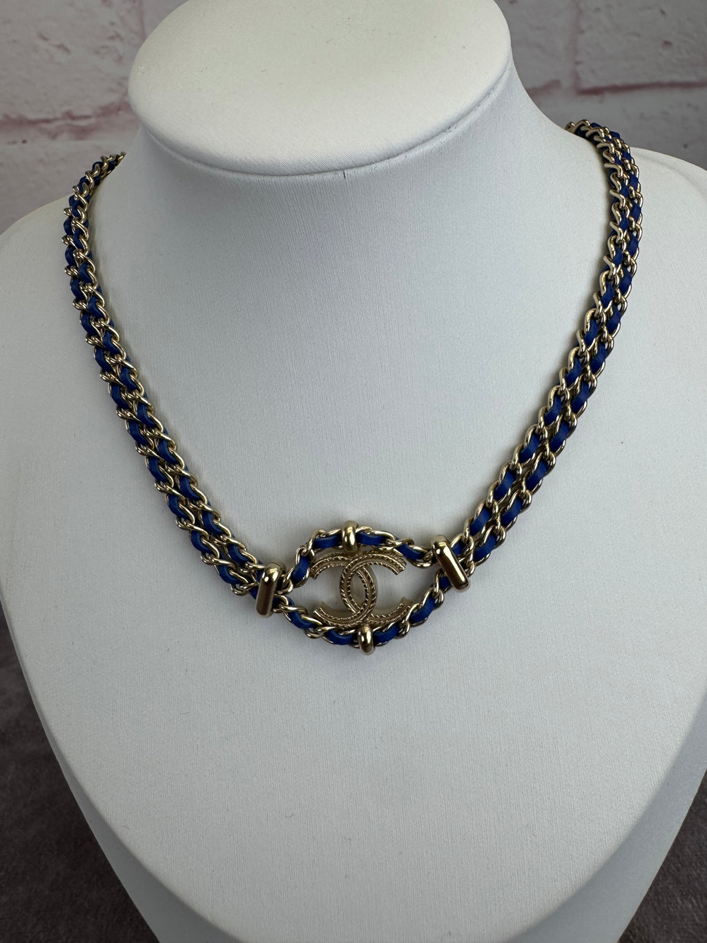 Chanel Metal Calfskin Blue Chain Link Choker Necklace