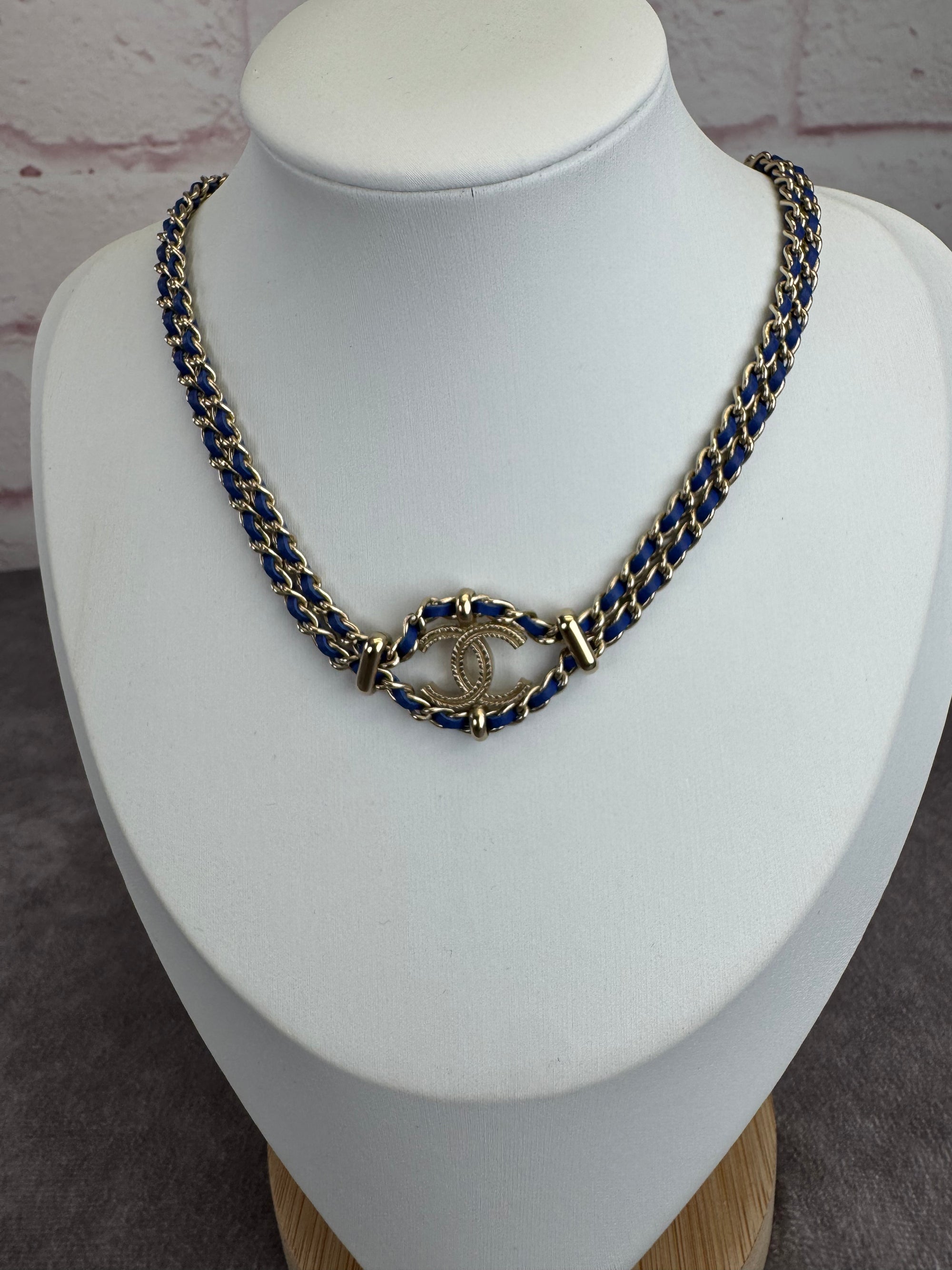 Chanel Metal Calfskin Blue Chain Link Choker Necklace