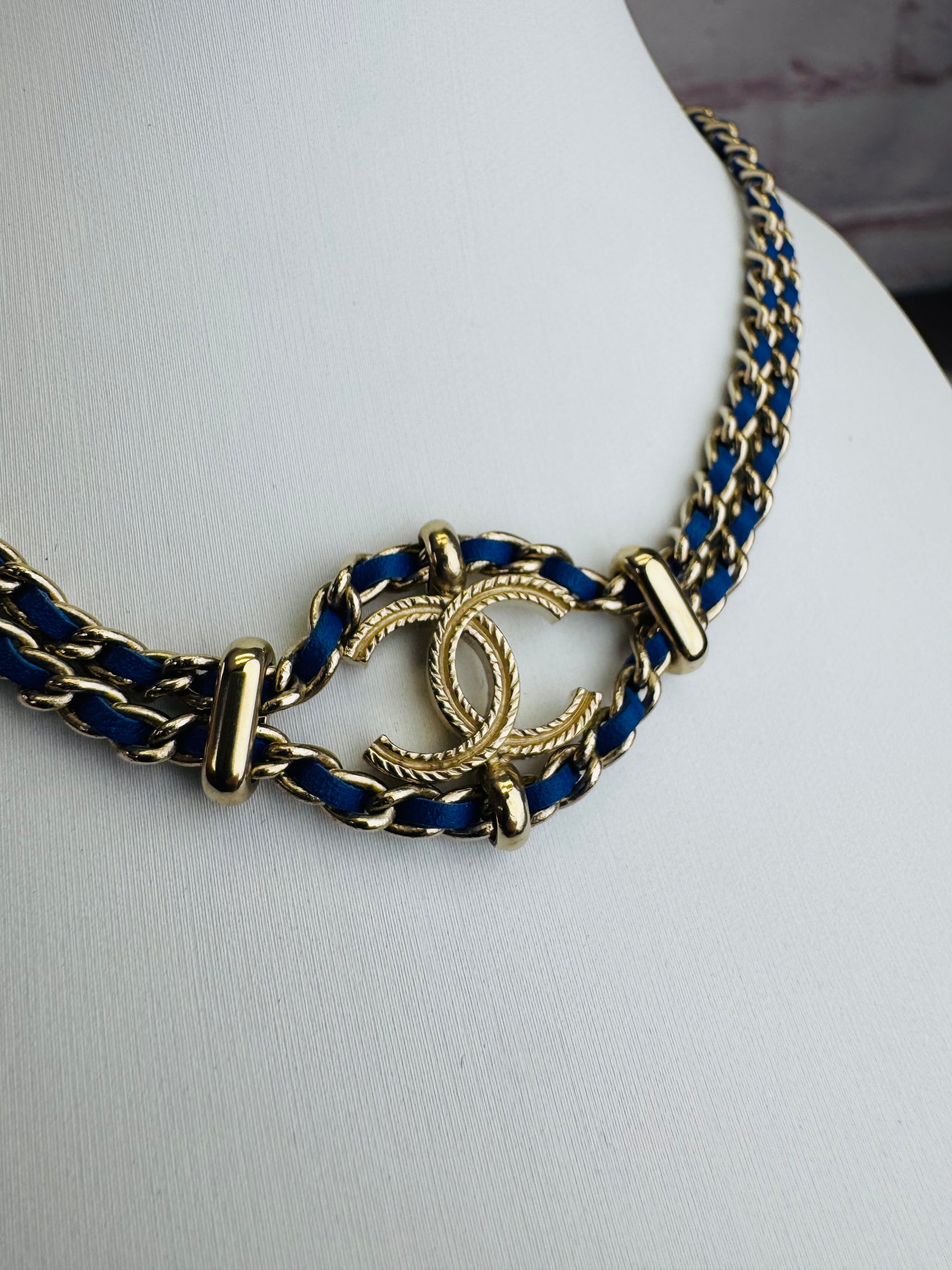 Chanel Metal Calfskin Blue Chain Link Choker Necklace