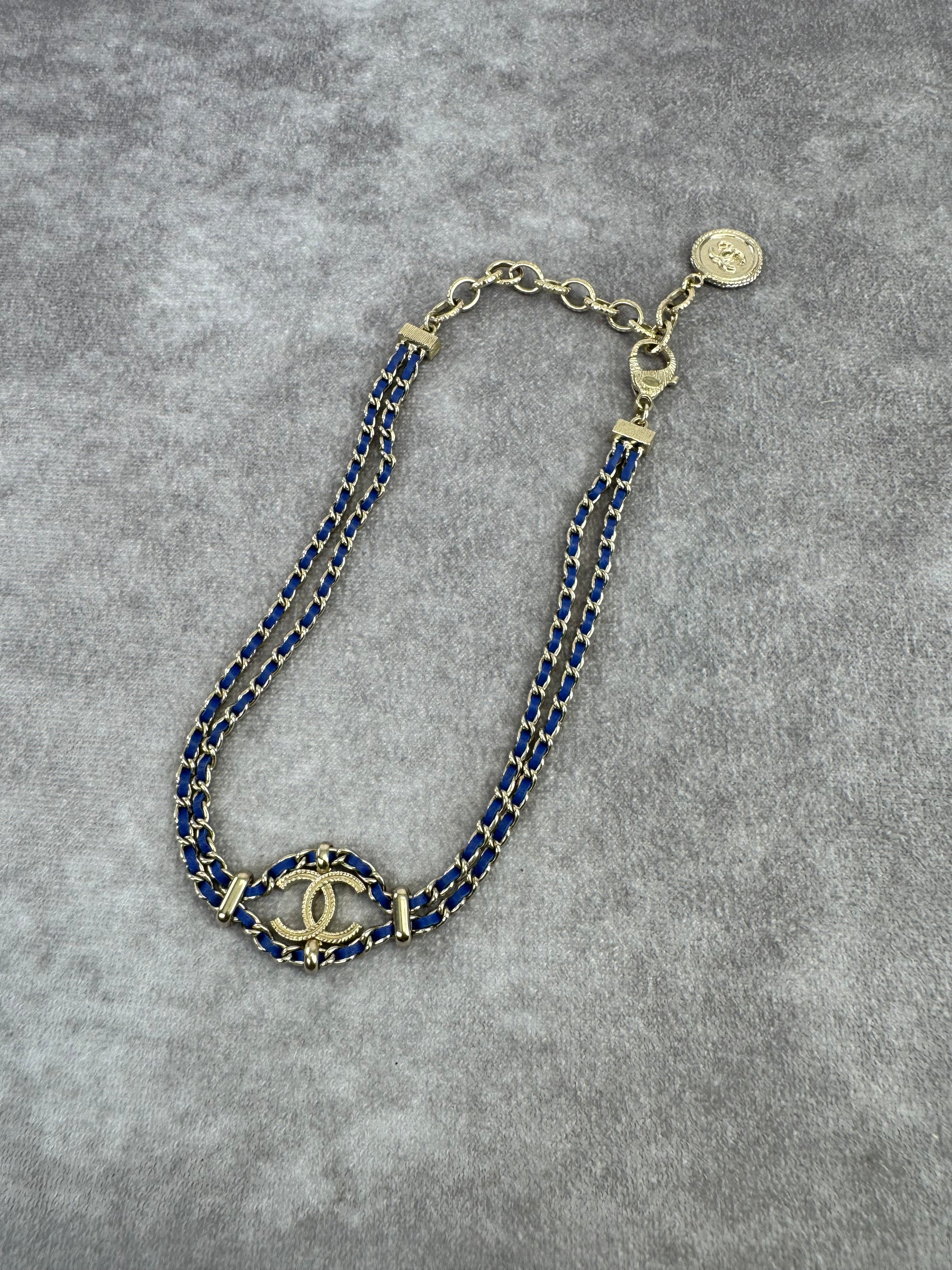 Chanel Metal Calfskin Blue Chain Link Choker Necklace