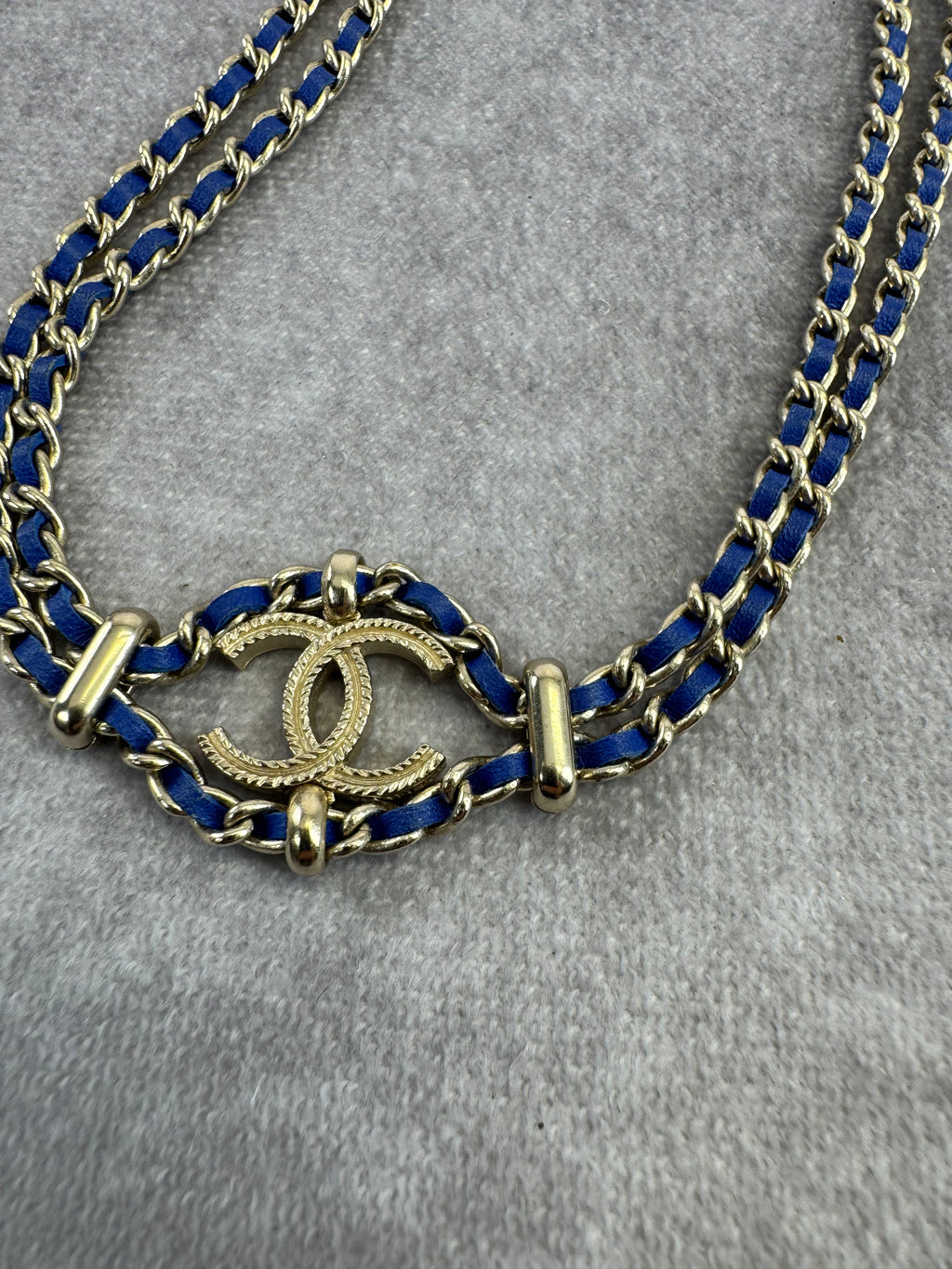 Chanel Metal Calfskin Blue Chain Link Choker Necklace