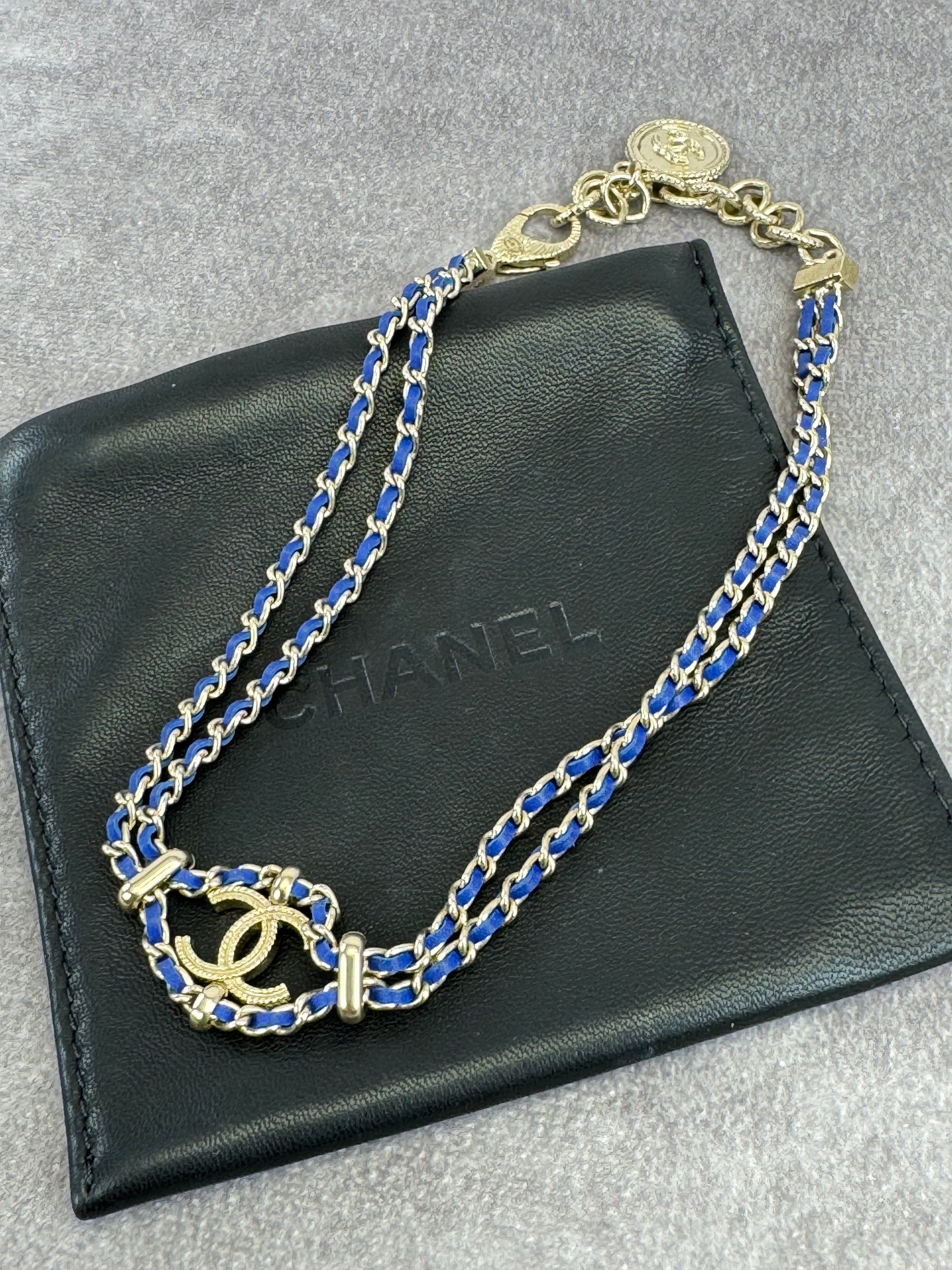 Chanel Metal Calfskin Blue Chain Link Choker Necklace