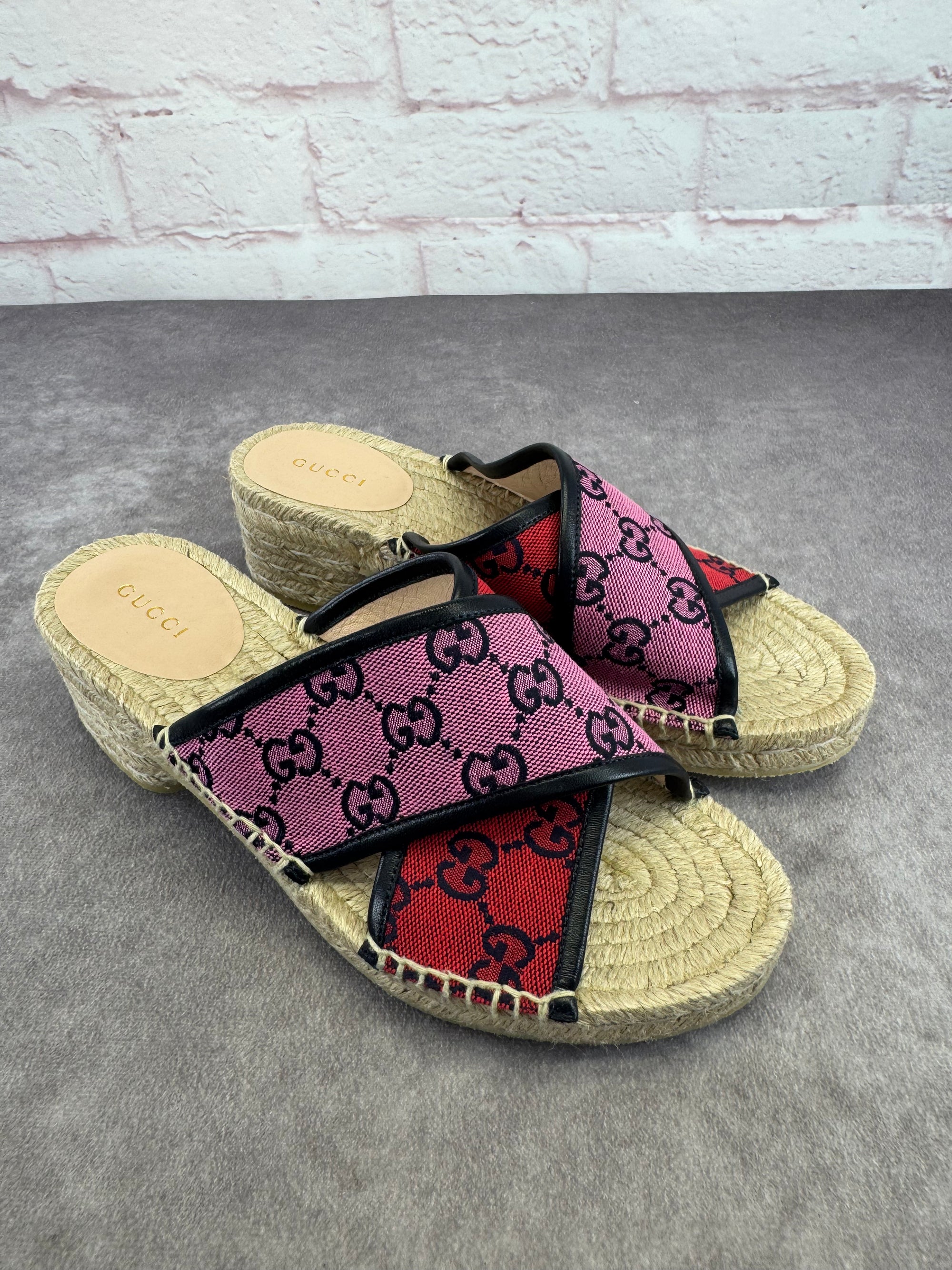 Gucci Criss Cross Multicolor GG Canvas Espadrille Sandals 37