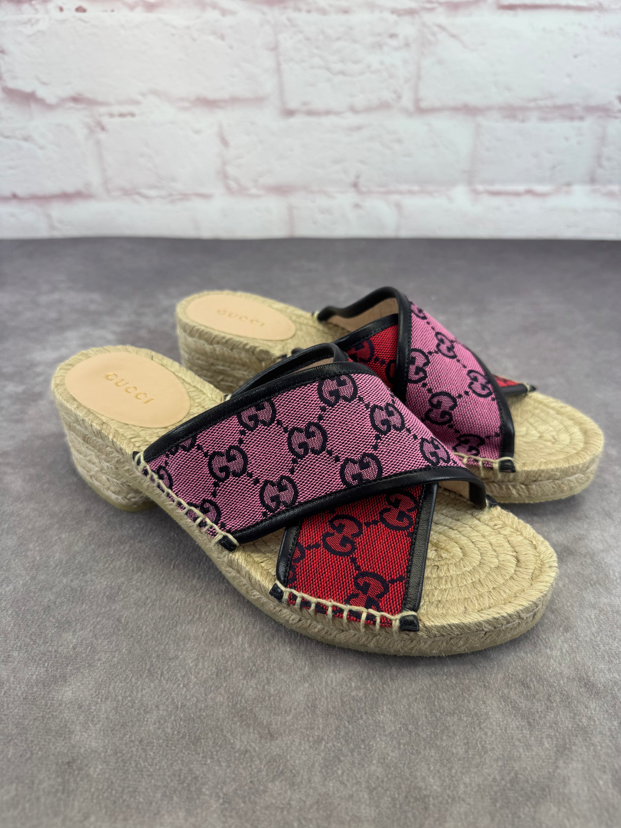Gucci Criss Cross Multicolor GG Canvas Espadrille Sandals 37