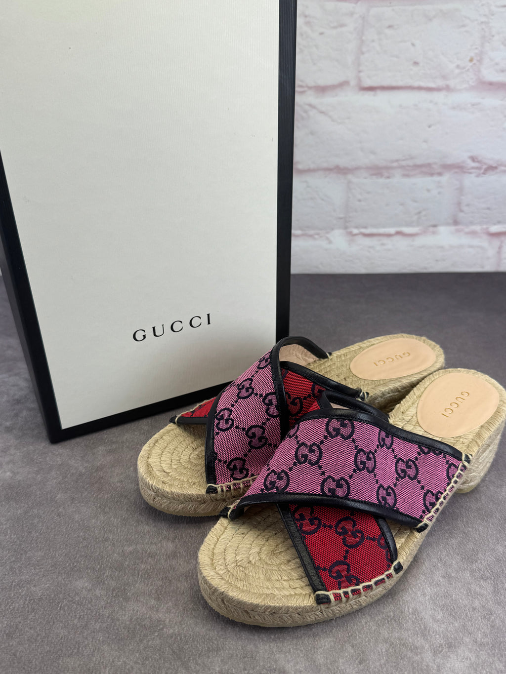 Gucci Criss Cross Multicolor GG Canvas Espadrille Sandals 37