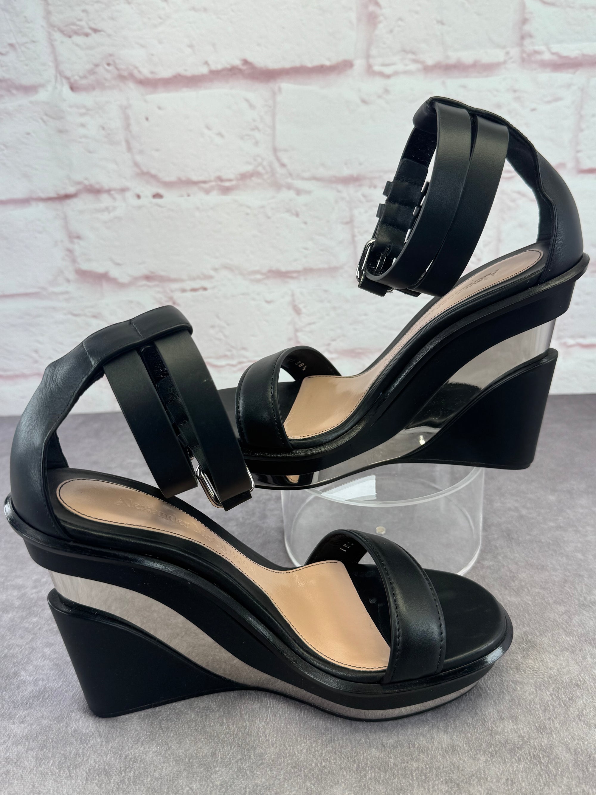 Alexander McQueen Black Double Strap Trompe L'oeil Wedge Sandals 8.5