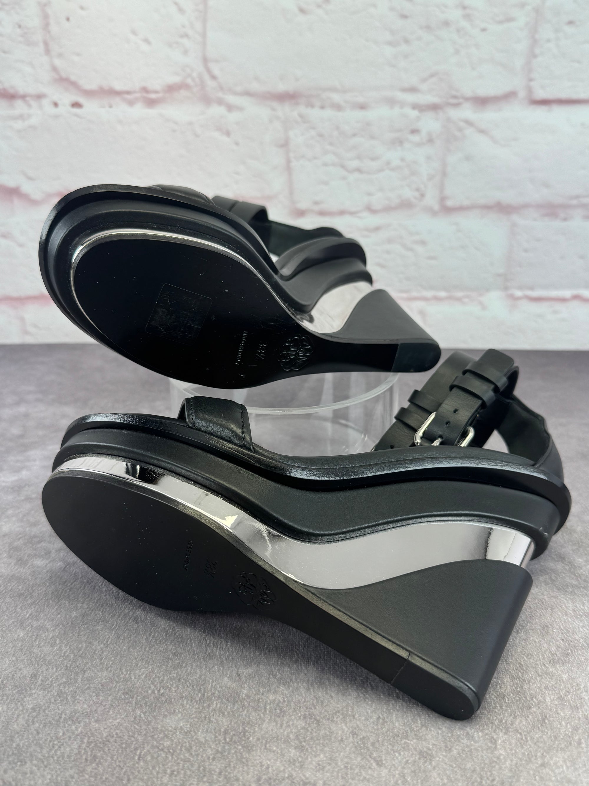 Alexander McQueen Black Double Strap Trompe L'oeil Wedge Sandals 8.5
