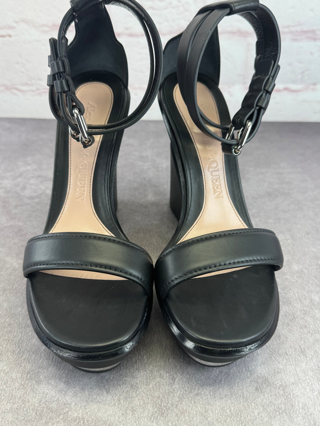 Alexander McQueen Black Double Strap Trompe L'oeil Wedge Sandals 8.5