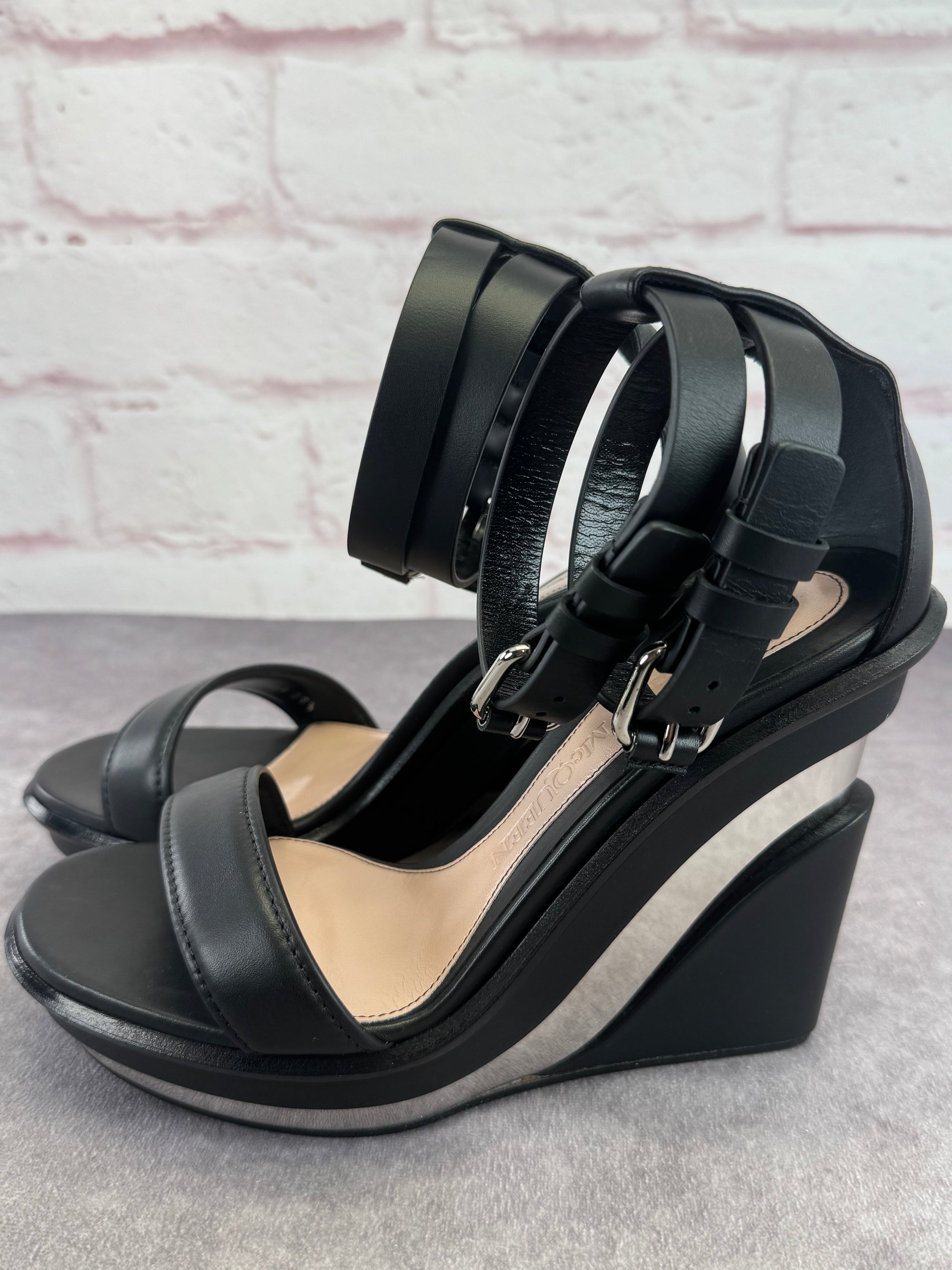 Alexander McQueen Black Double Strap Trompe L'oeil Wedge Sandals 8.5
