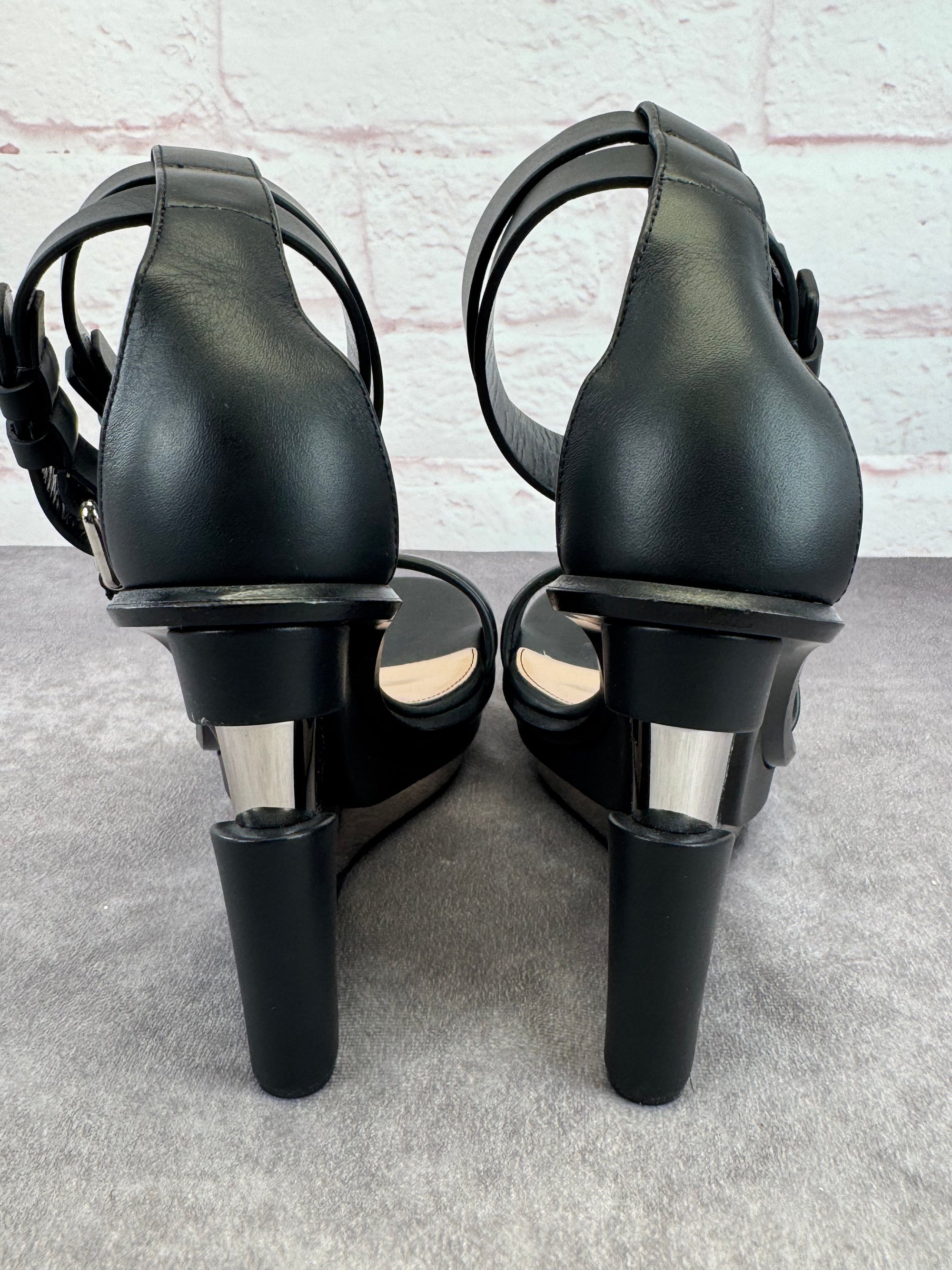 Alexander McQueen Black Double Strap Trompe L'oeil Wedge Sandals 8.5