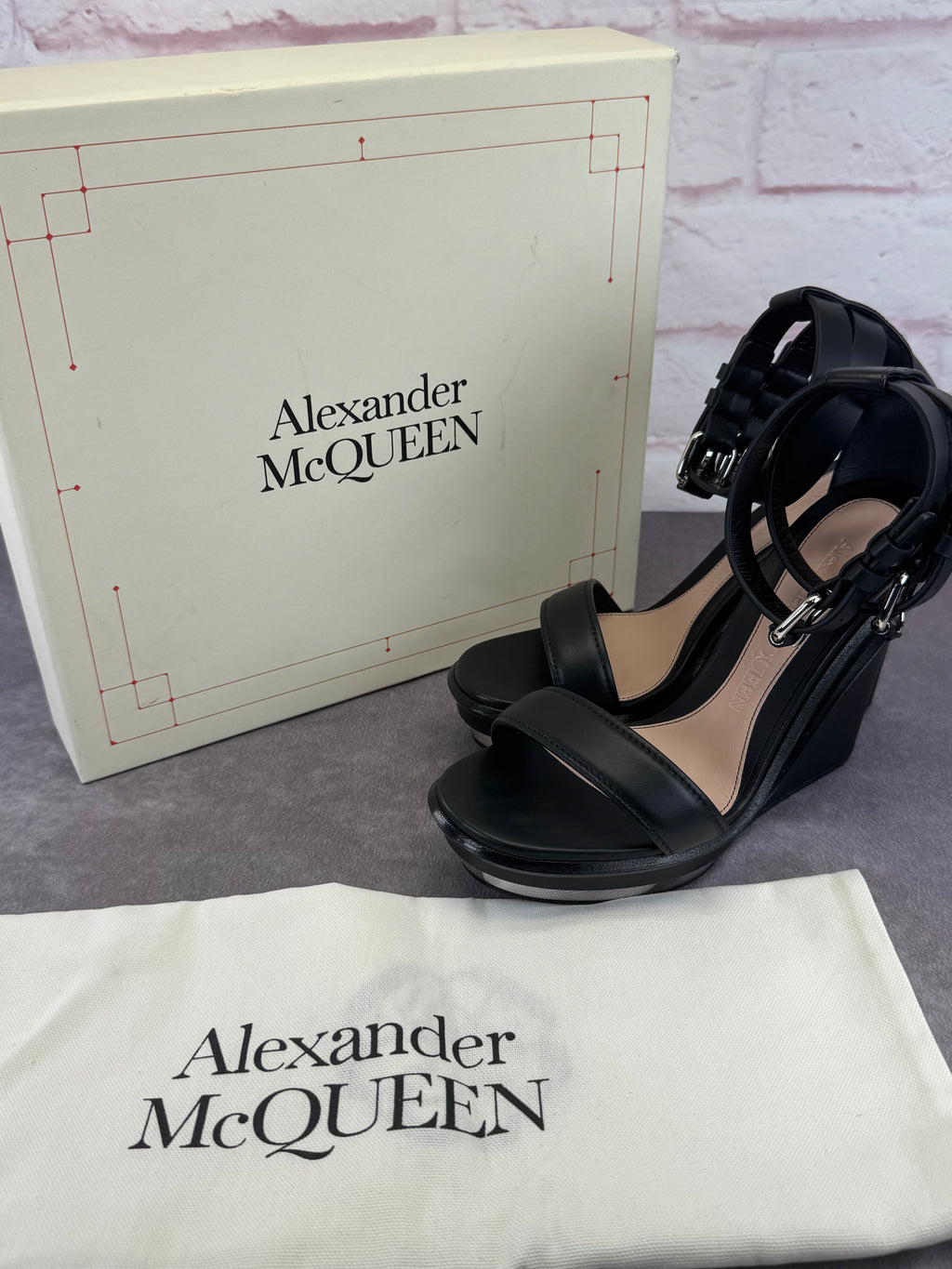 Alexander McQueen Black Double Strap Trompe L'oeil Wedge Sandals 8.5