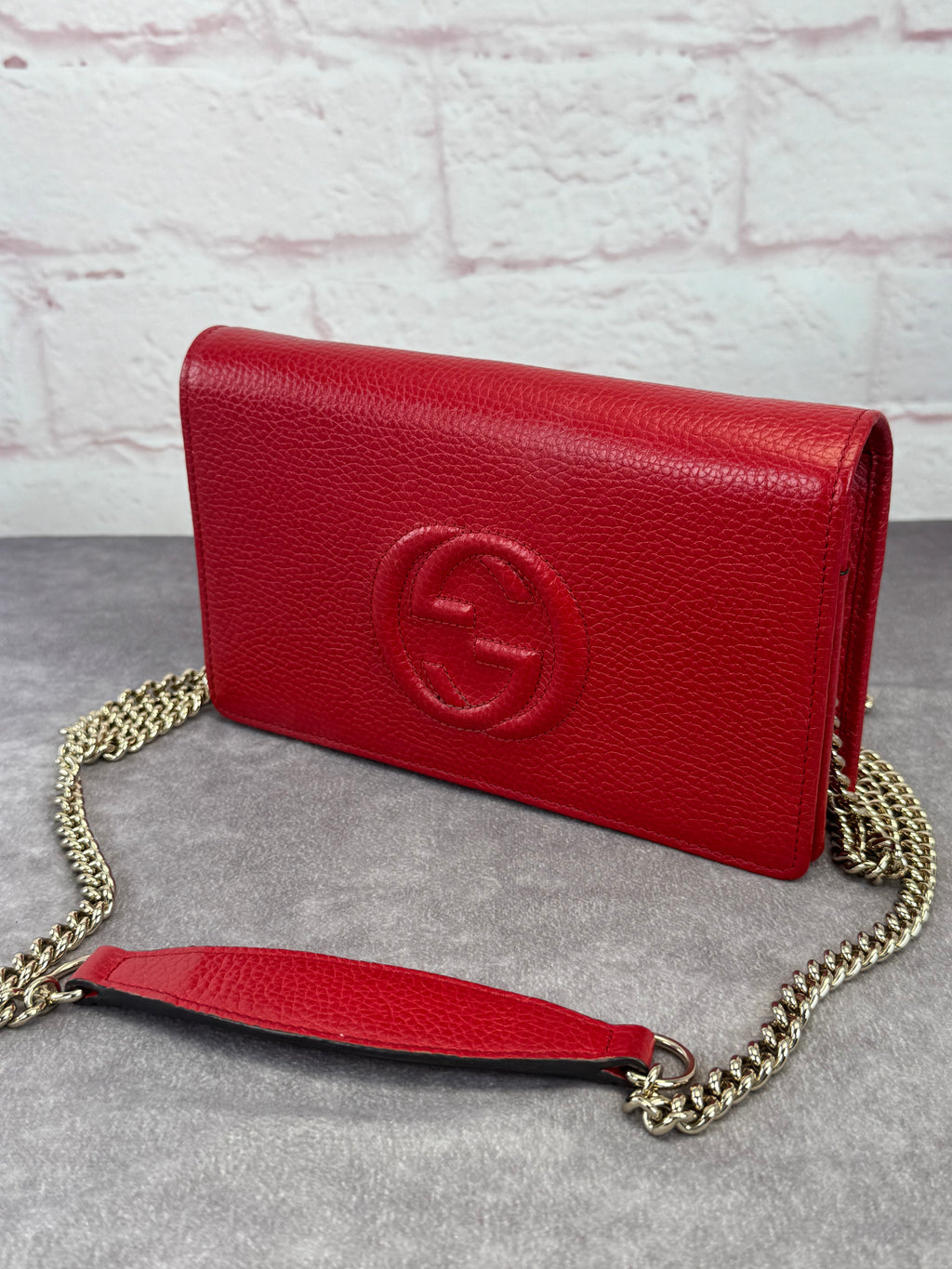 Gucci Red Leather Soho Chain Wallet on Strap
