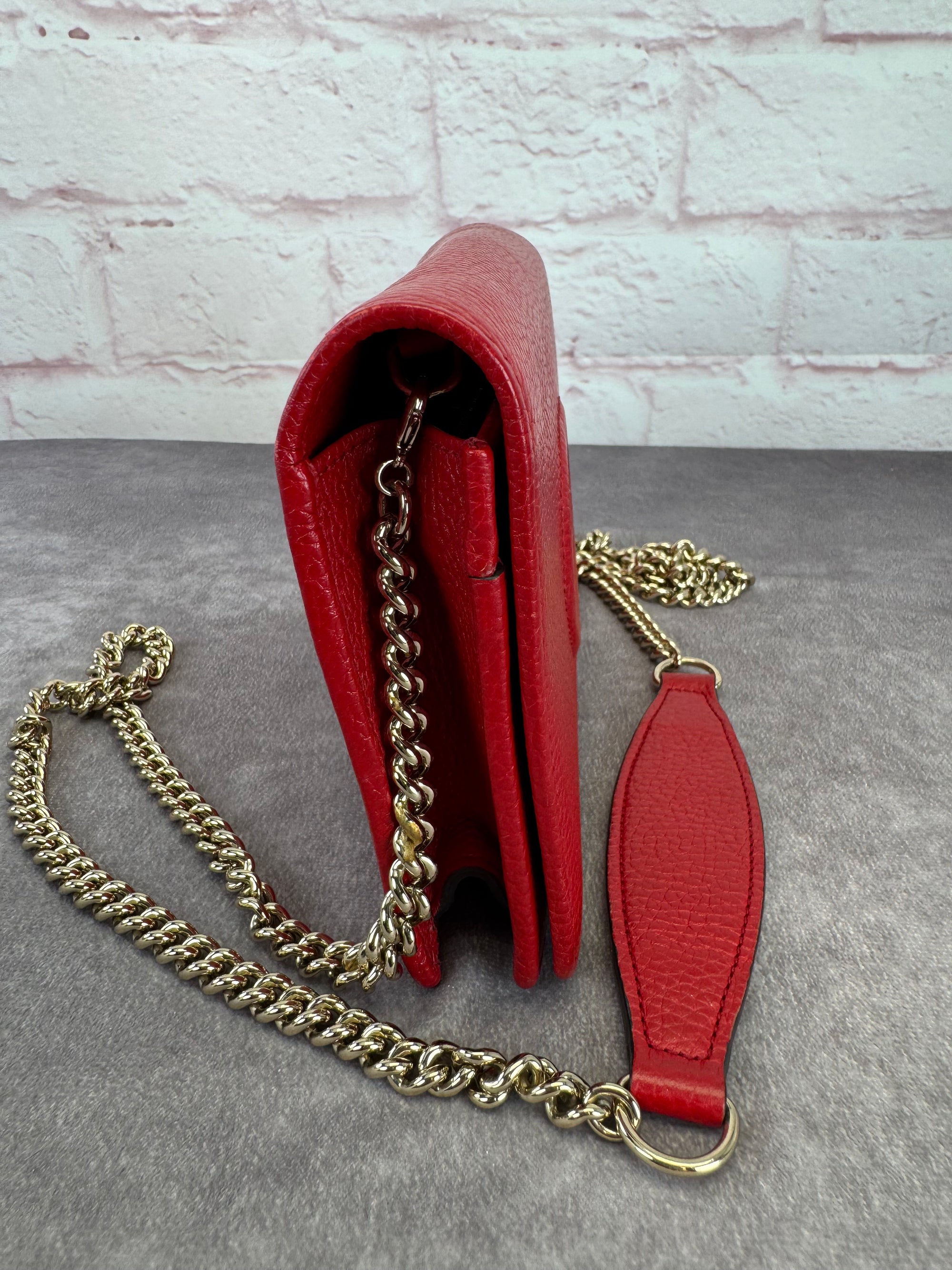 Gucci Red Leather Soho Chain Wallet on Strap