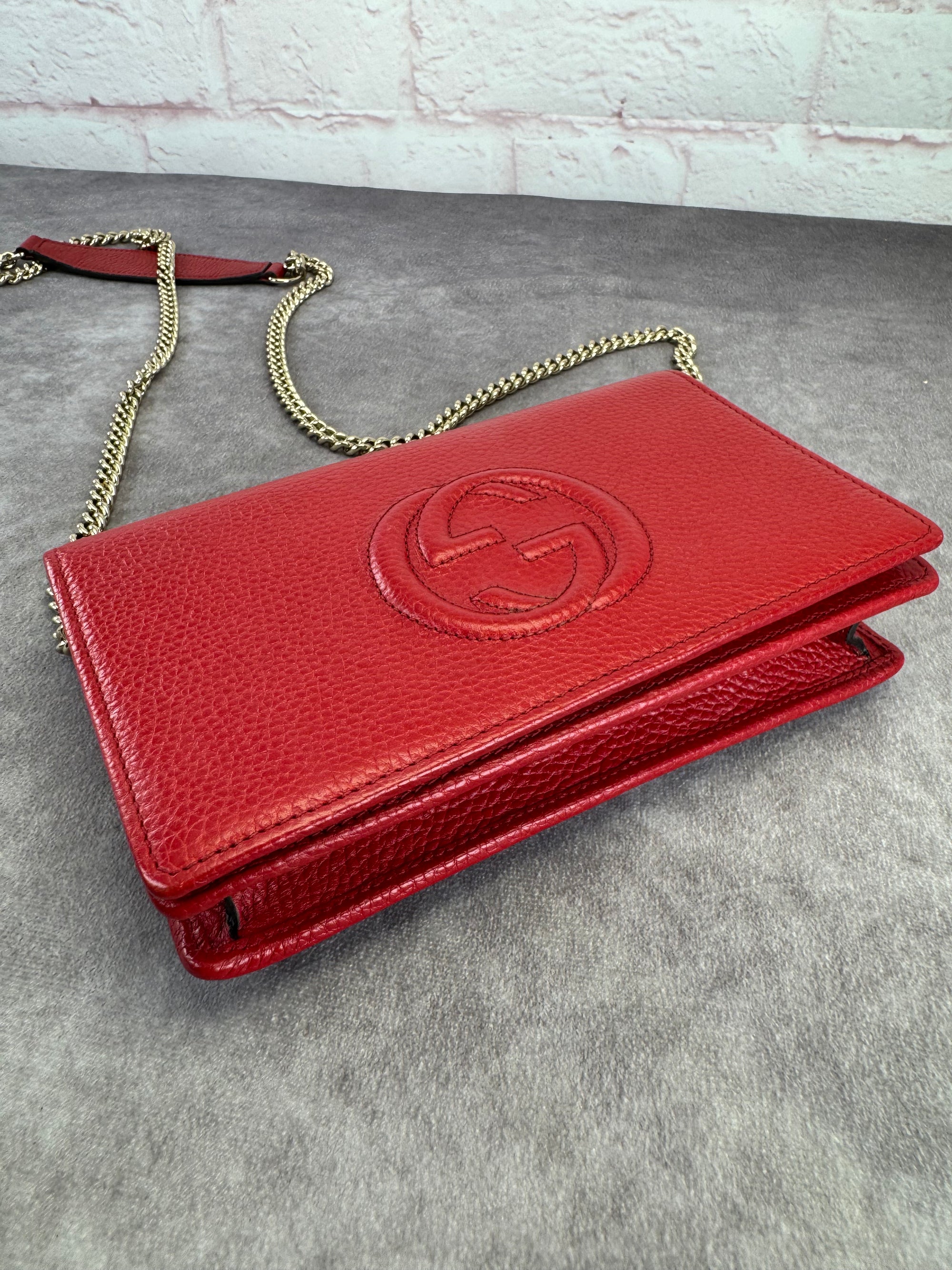 Gucci Red Leather Soho Chain Wallet on Strap