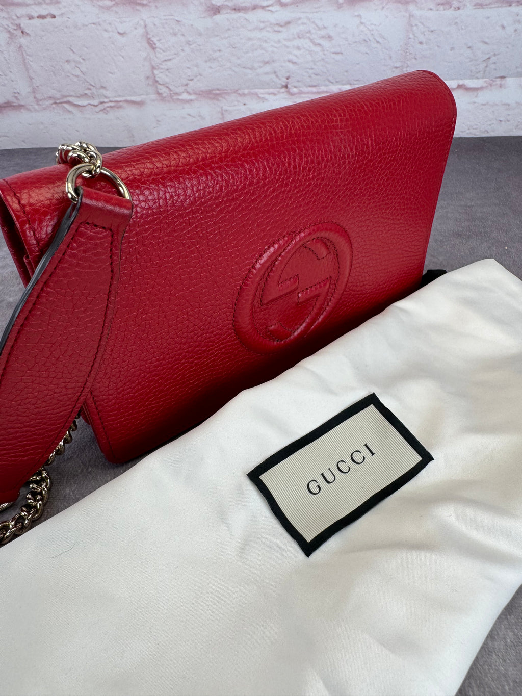 Gucci Red Leather Soho Chain Wallet on Strap