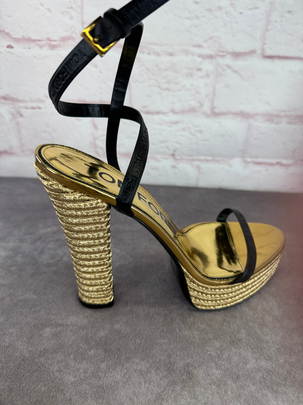Tom Ford Black Gold Metallic Rope Platform Sandals 42