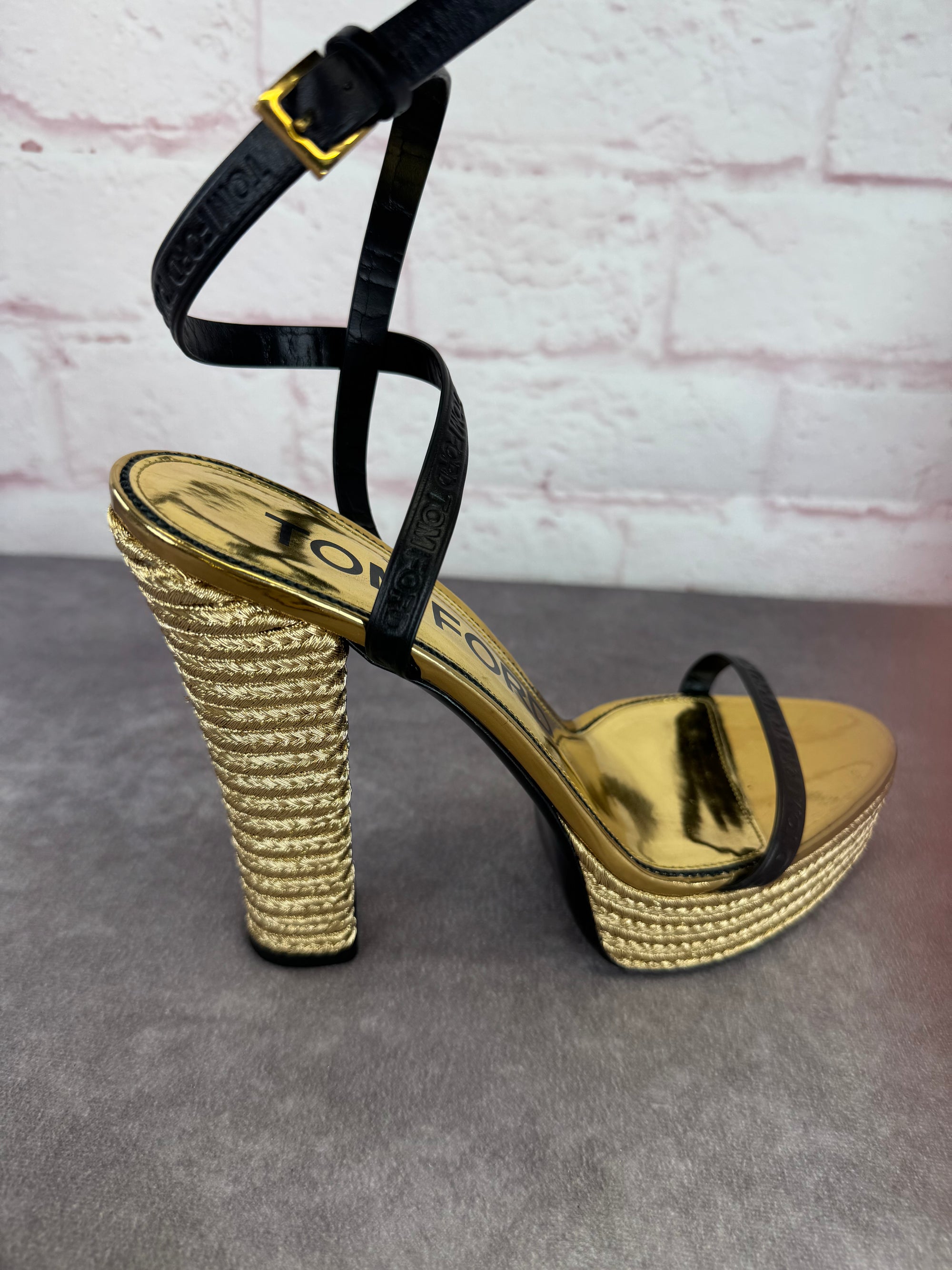 Tom Ford Black Gold Metallic Rope Platform Sandals 42