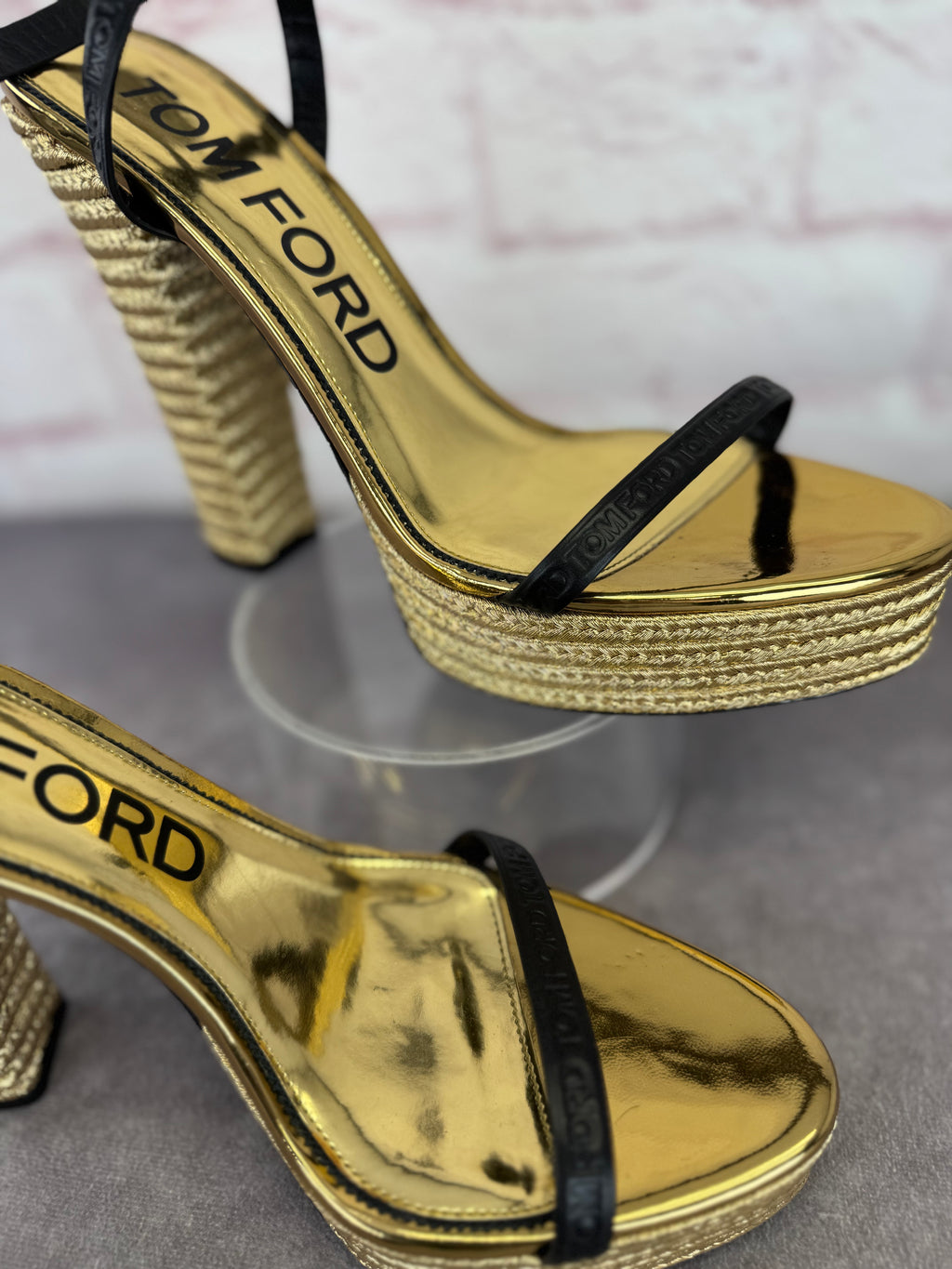 Tom Ford Black Gold Metallic Rope Platform Sandals 42