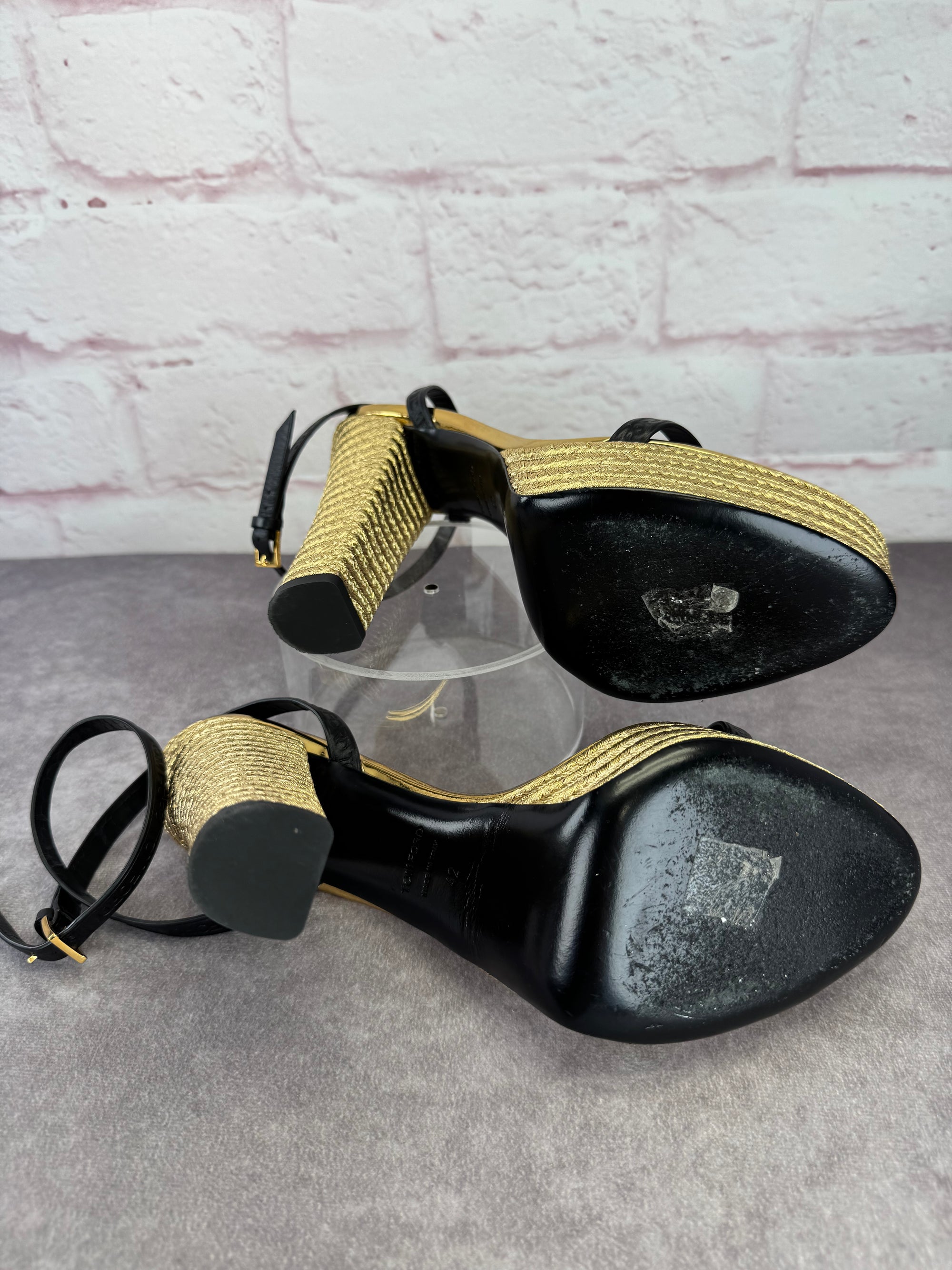 Tom Ford Black Gold Metallic Rope Platform Sandals 42