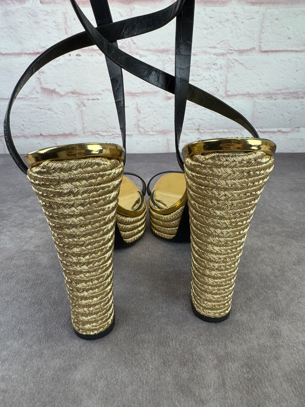 Tom Ford Black Gold Metallic Rope Platform Sandals 42