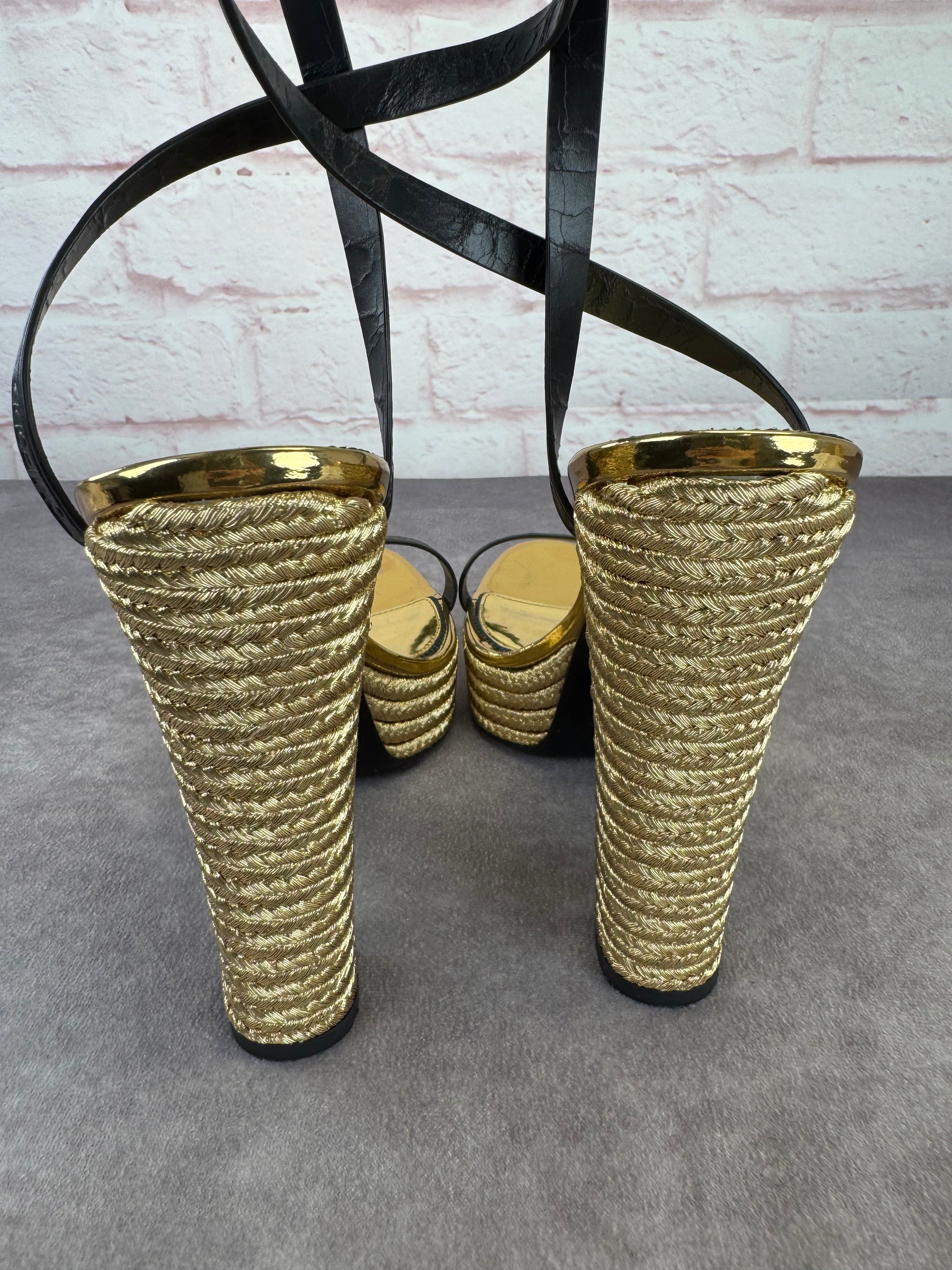 Tom Ford Black Gold Metallic Rope Platform Sandals 42