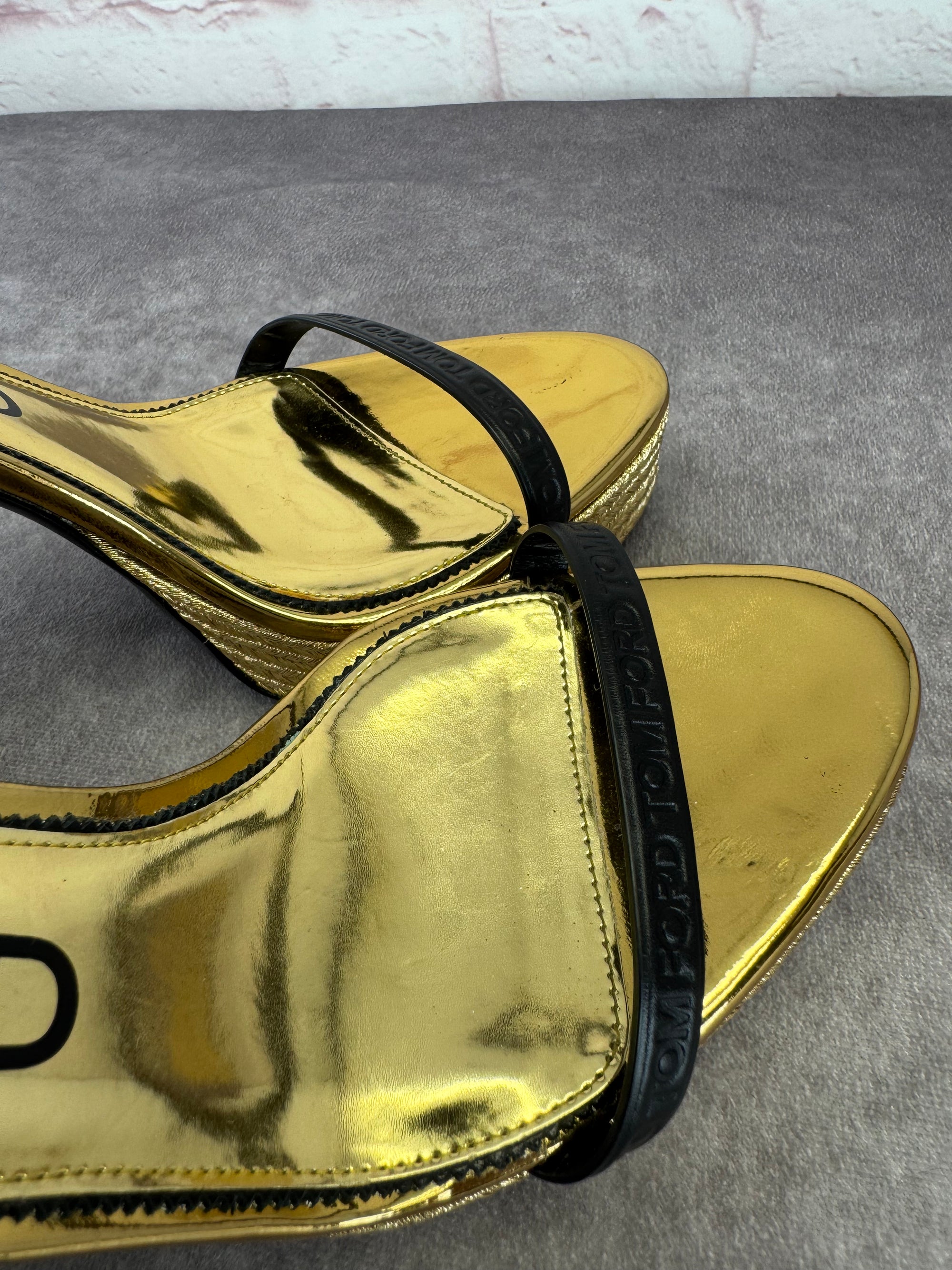 Tom Ford Black Gold Metallic Rope Platform Sandals 42