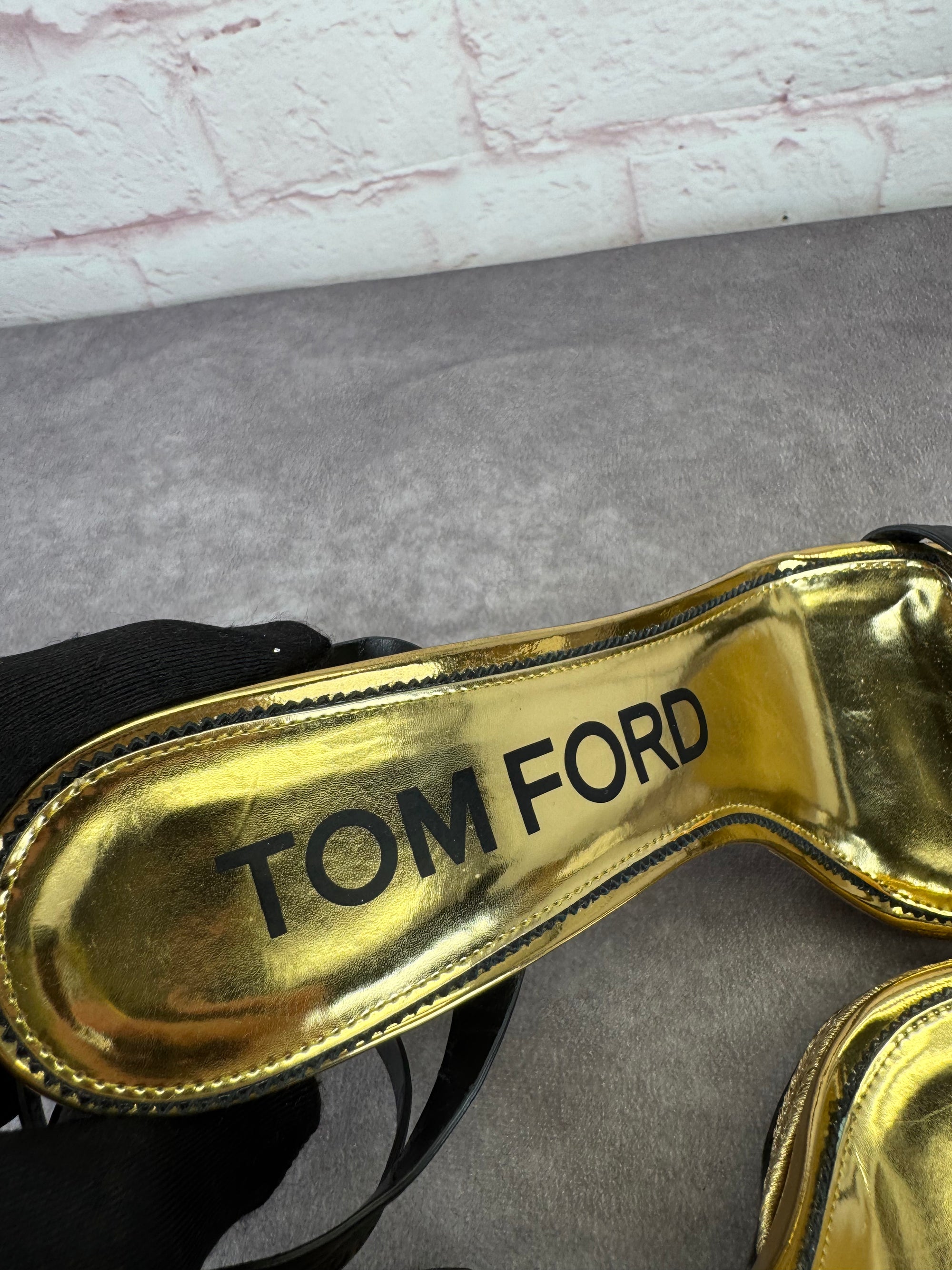 Tom Ford Black Gold Metallic Rope Platform Sandals 42