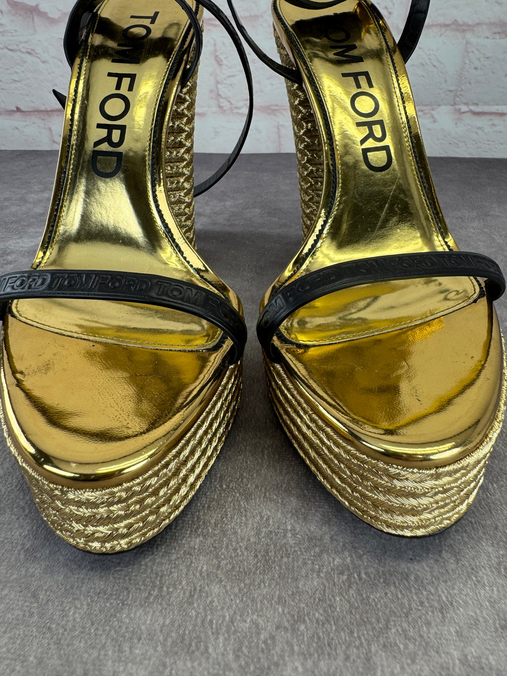 Tom Ford Black Gold Metallic Rope Platform Sandals 42