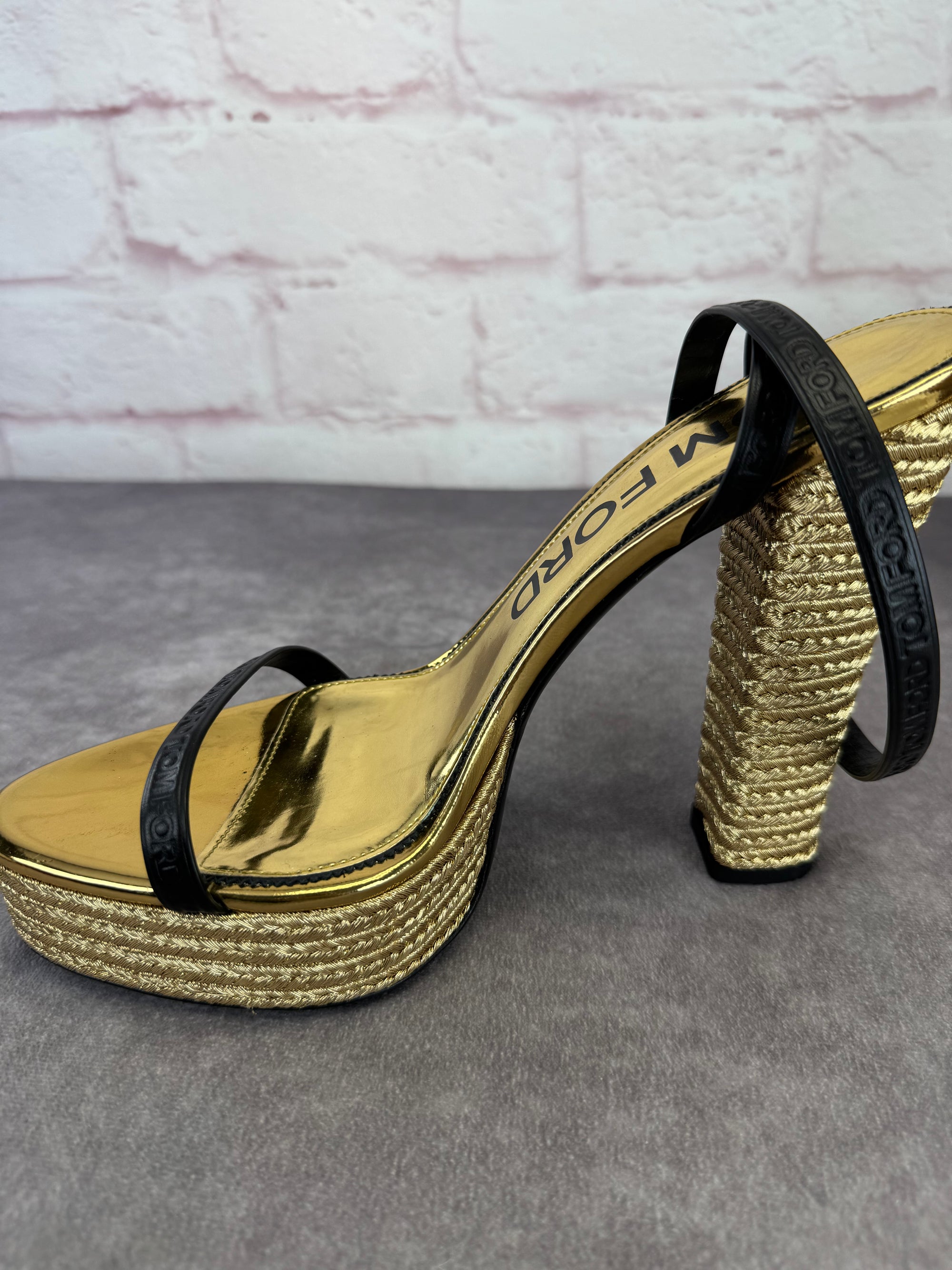 Tom Ford Black Gold Metallic Rope Platform Sandals 42