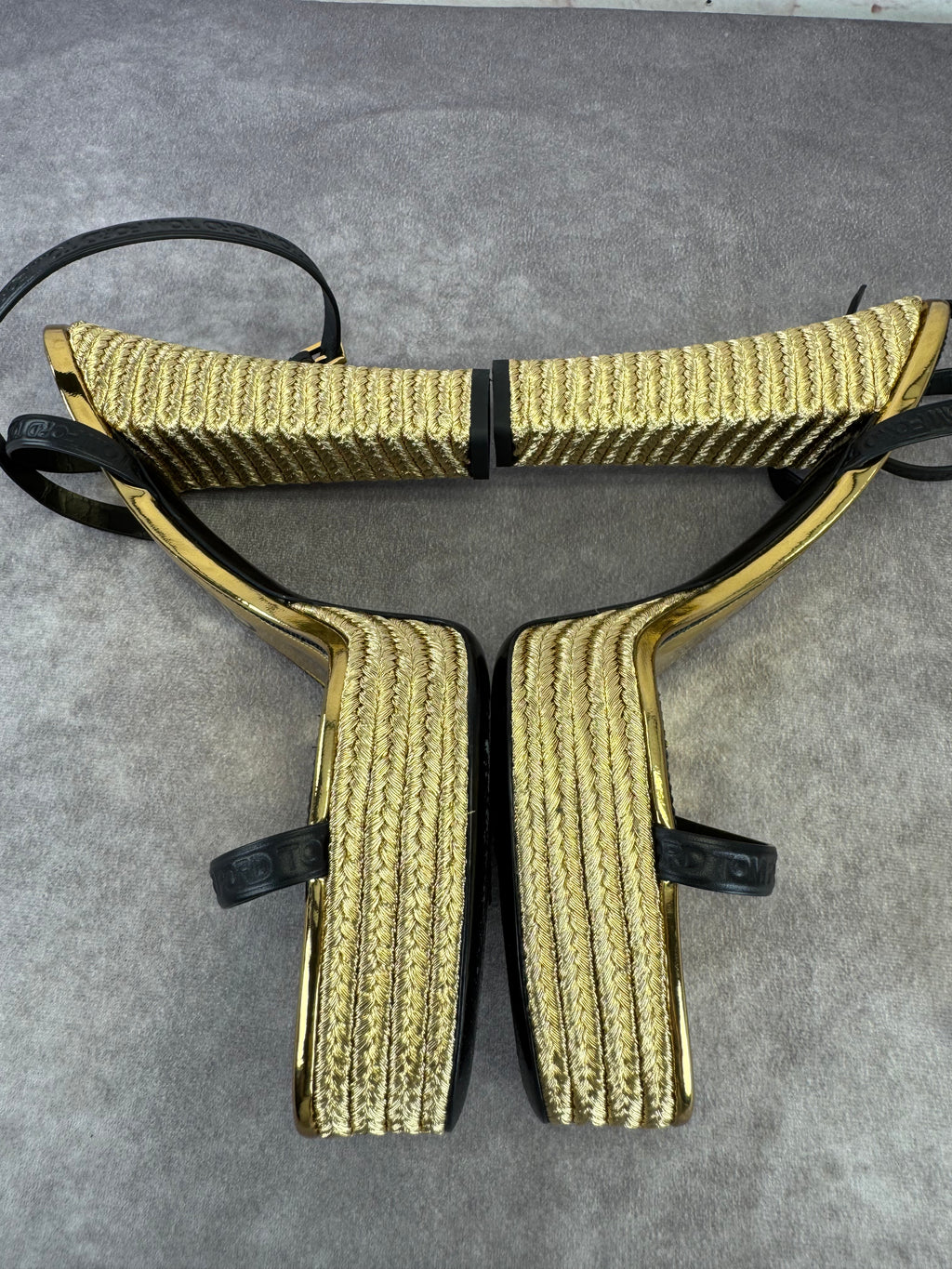 Tom Ford Black Gold Metallic Rope Platform Sandals 42