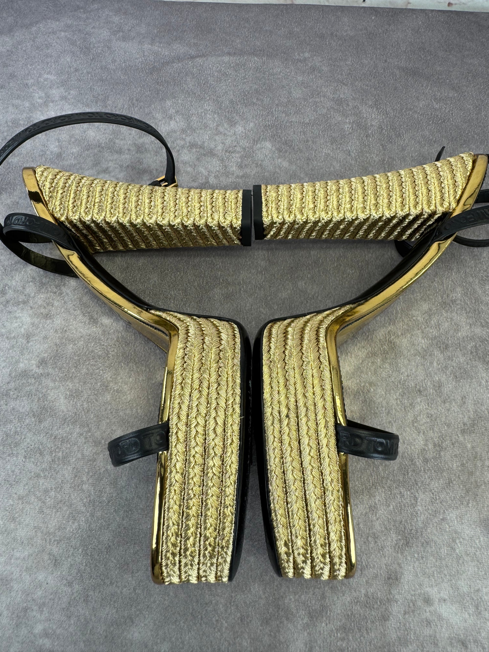 Tom Ford Black Gold Metallic Rope Platform Sandals 42