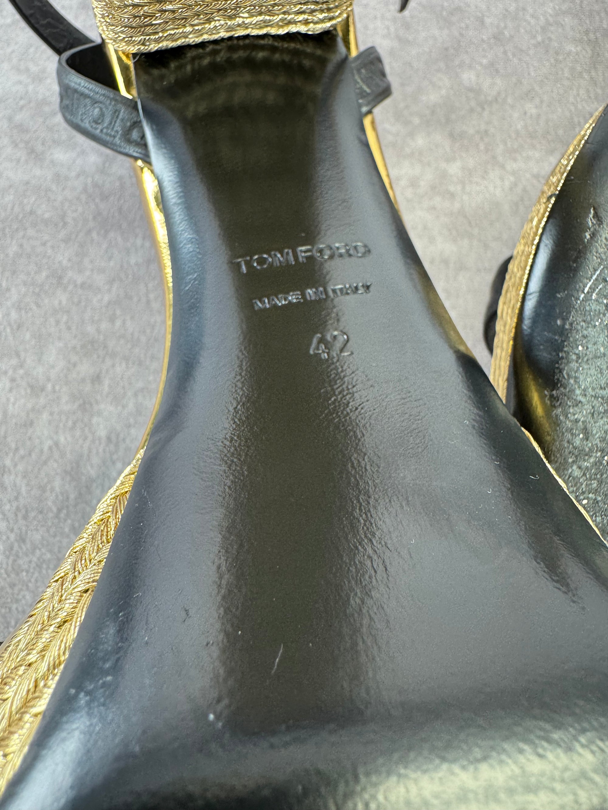 Tom Ford Black Gold Metallic Rope Platform Sandals 42