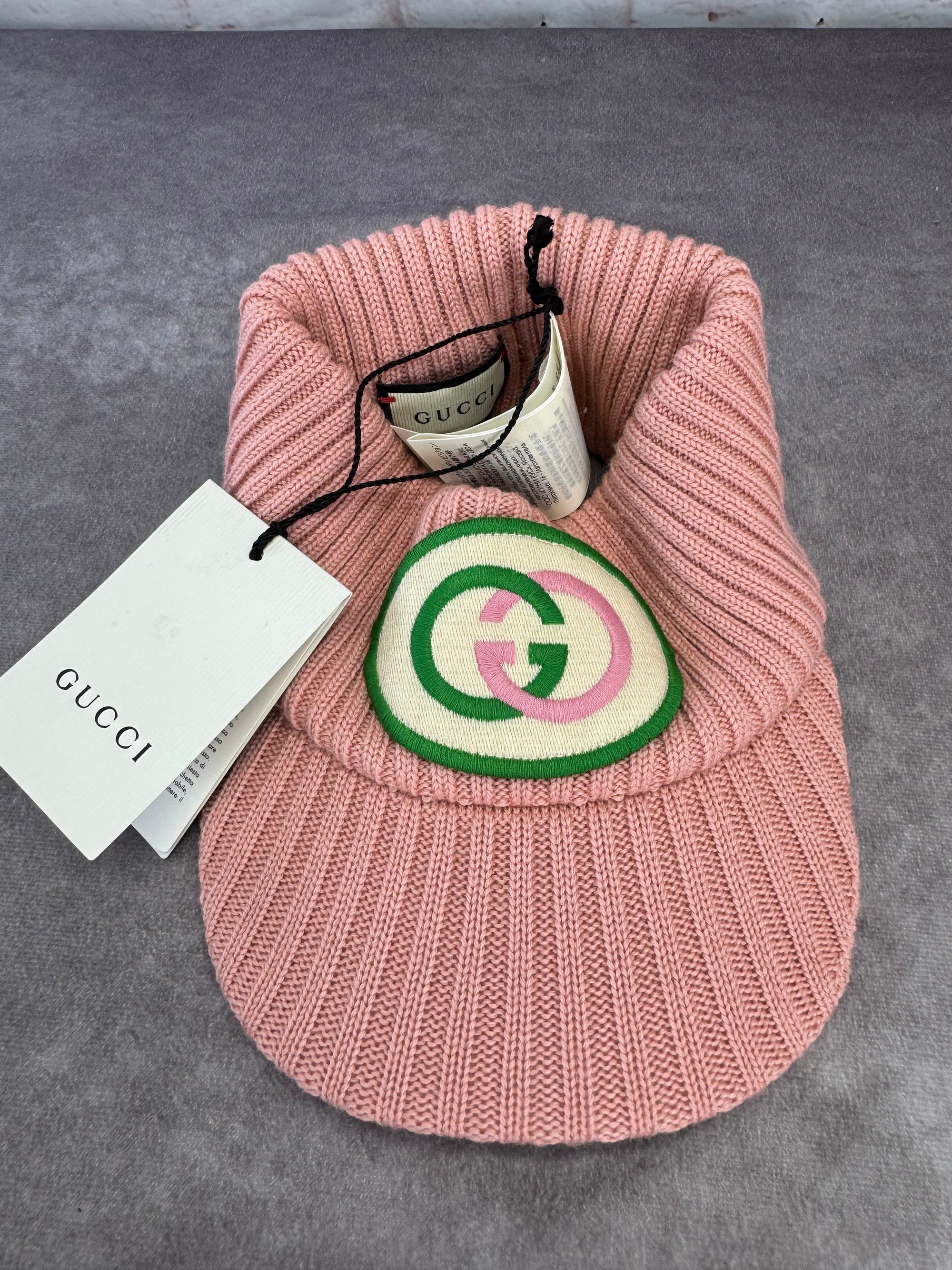 Authentic Gucci NWT Wool Knit Logo Pink Visor Cap
