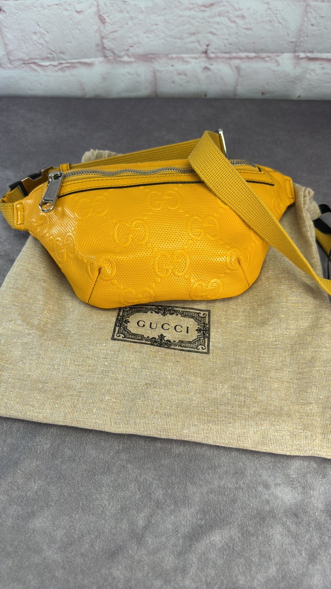 Gucci Embossed Gg Leather Perforated Belt Fanny Sling Bag