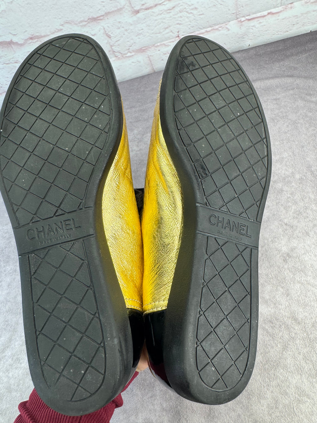 Chanel Gold BlackPatent And Leather Cap Toe Sneakers