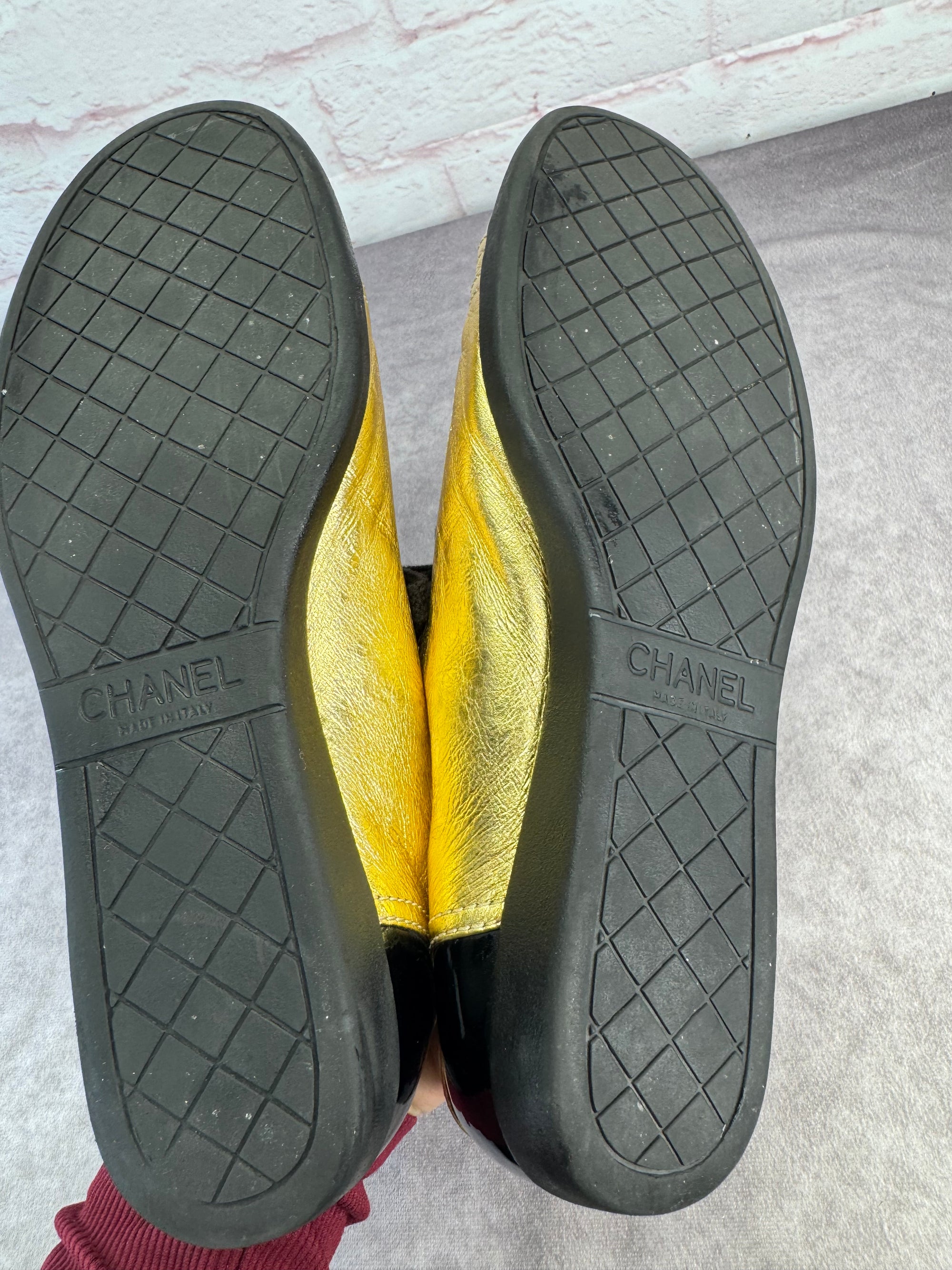 Chanel Gold BlackPatent And Leather Cap Toe Sneakers