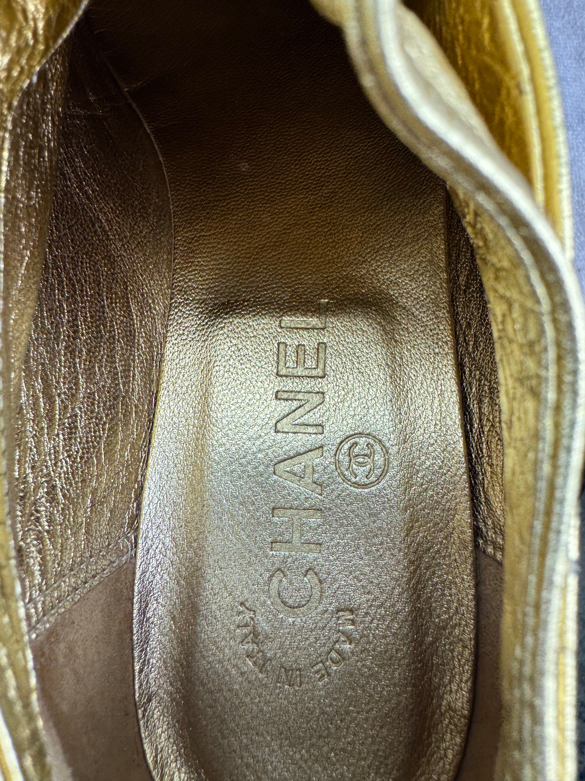 Chanel Gold BlackPatent And Leather Cap Toe Sneakers