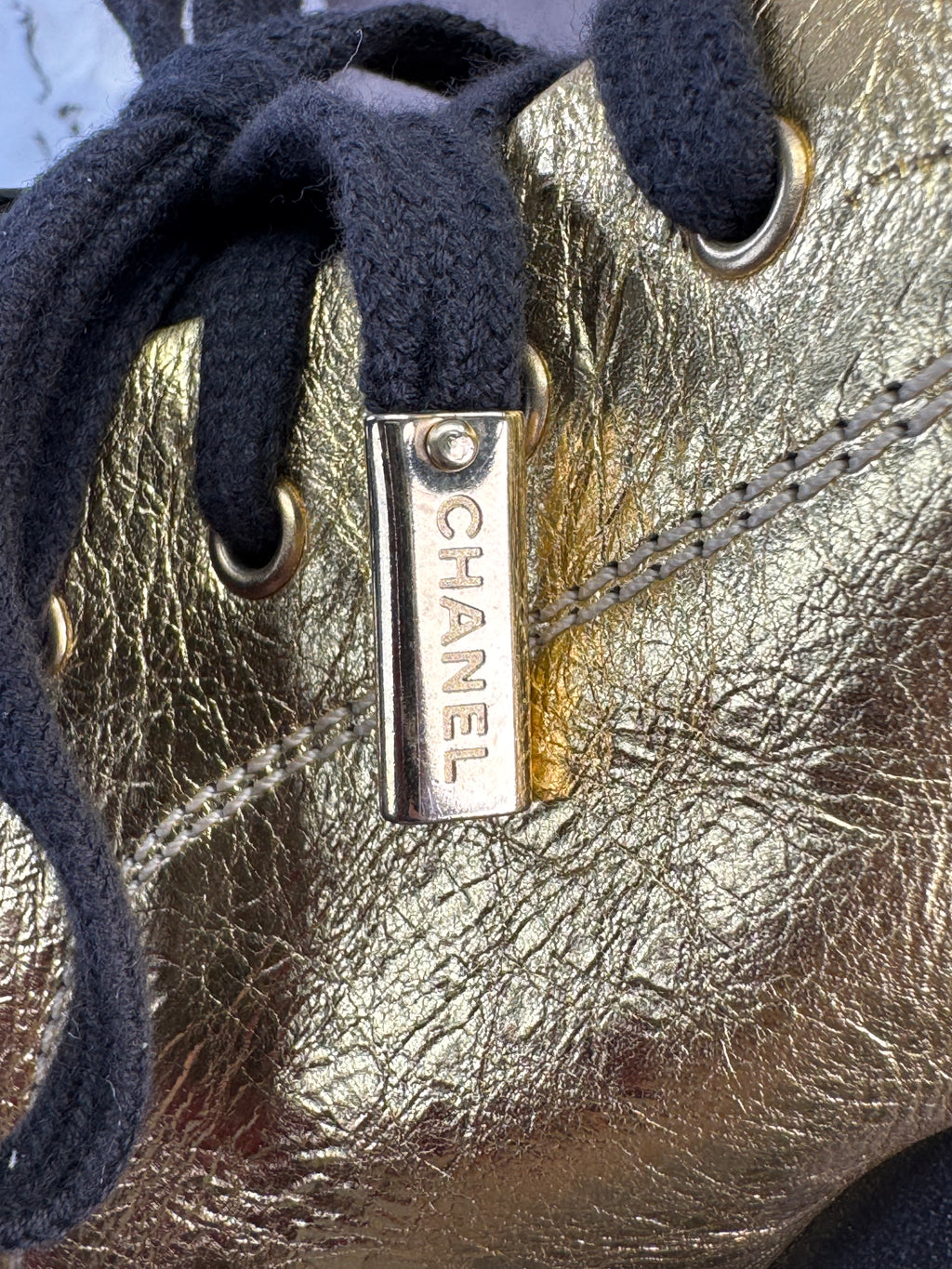 Chanel Gold BlackPatent And Leather Cap Toe Sneakers