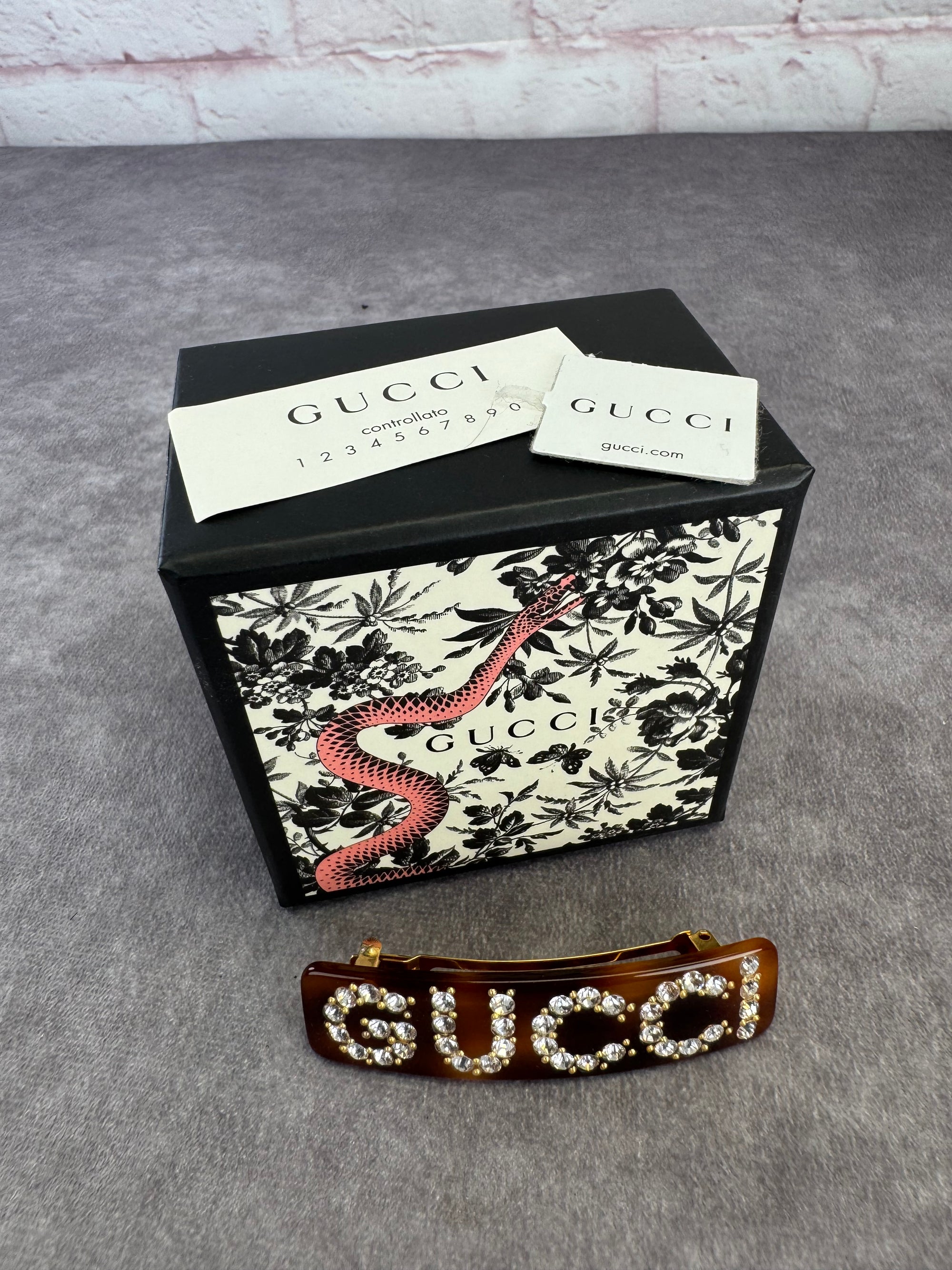 Gucci Resin Tortoise Shell Crystal Hair Clip