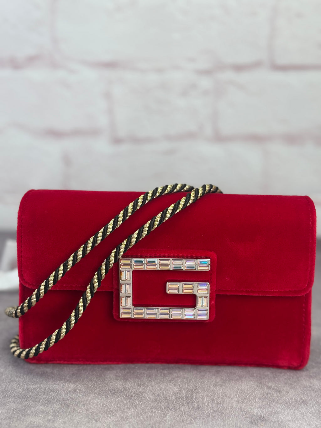 GUCCI Velvet Crystal Square G Shoulder Bag