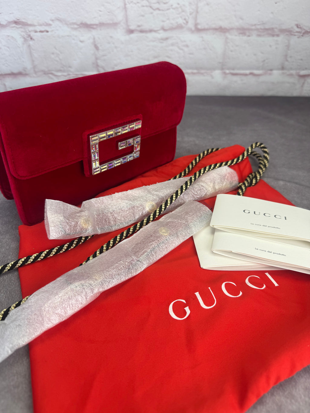 GUCCI Velvet Crystal Square G Shoulder Bag