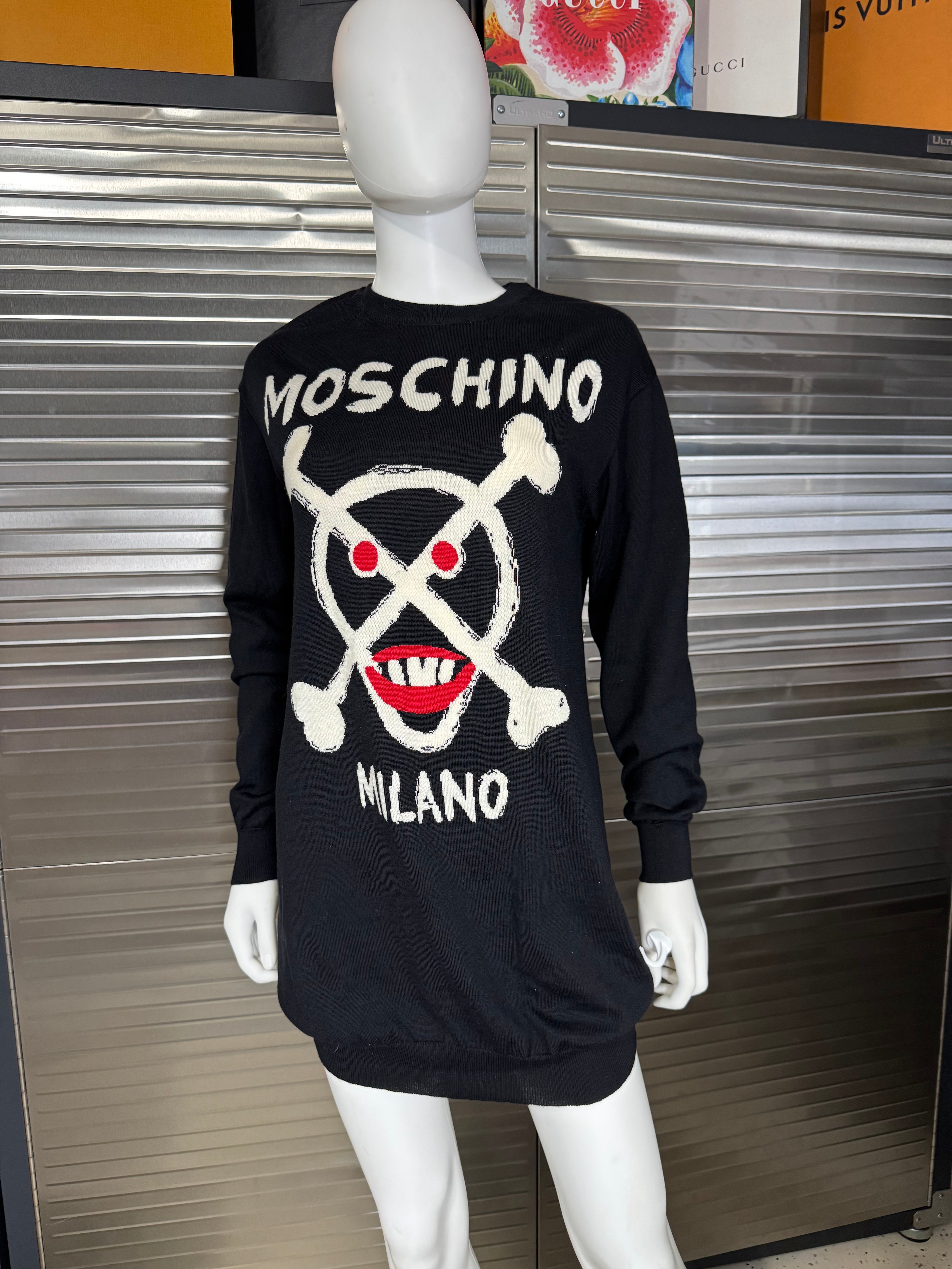 Moschino Couture Lightweight Wool Black Skull & Crossbone Sweater Dress XS