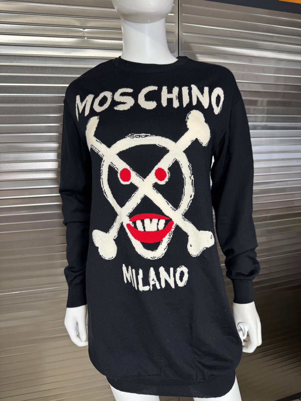 Moschino Couture Lightweight Wool Black Skull & Crossbone Sweater Dress XS