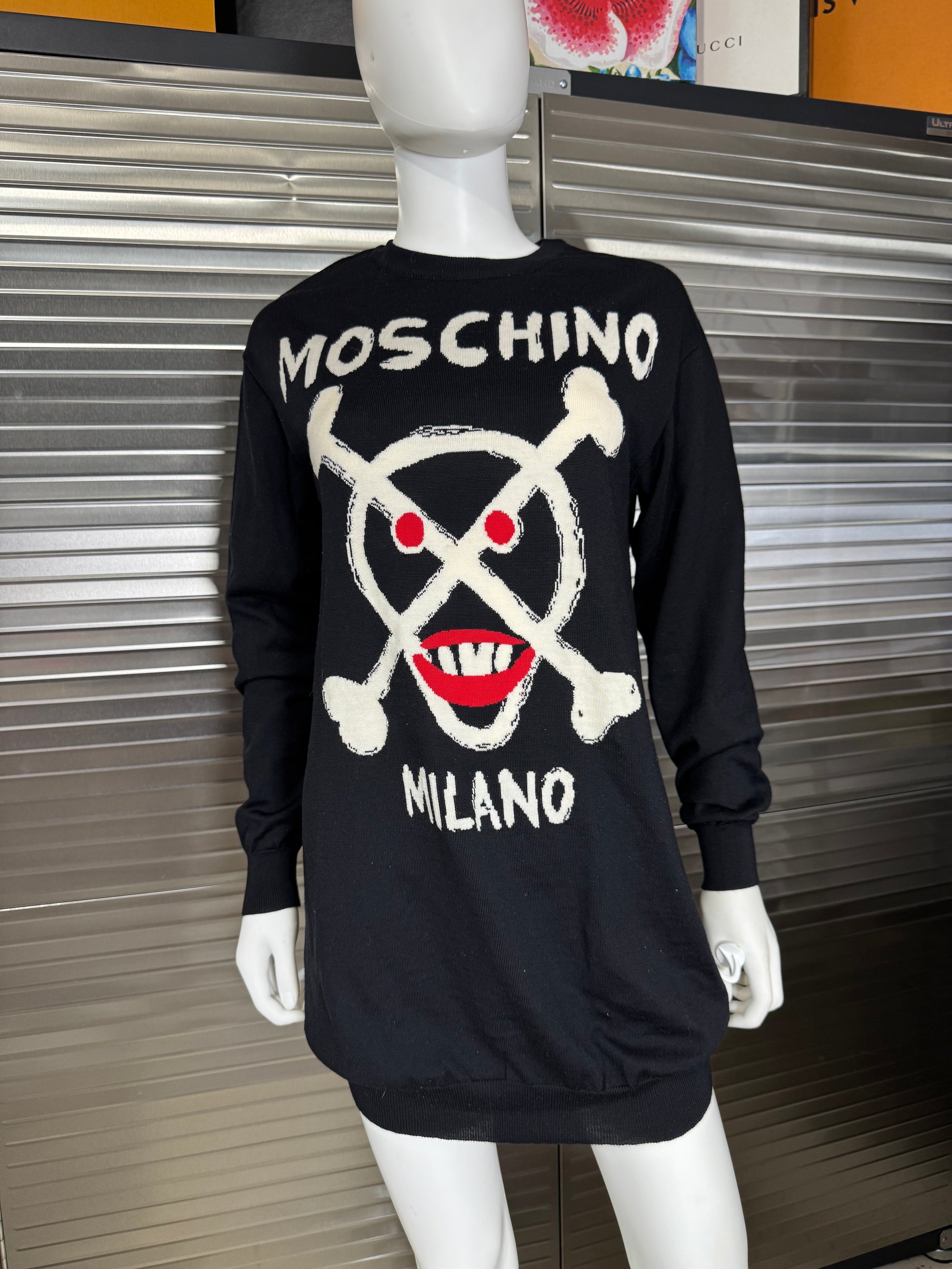 Moschino Couture Lightweight Wool Black Skull & Crossbone Sweater Dress XS