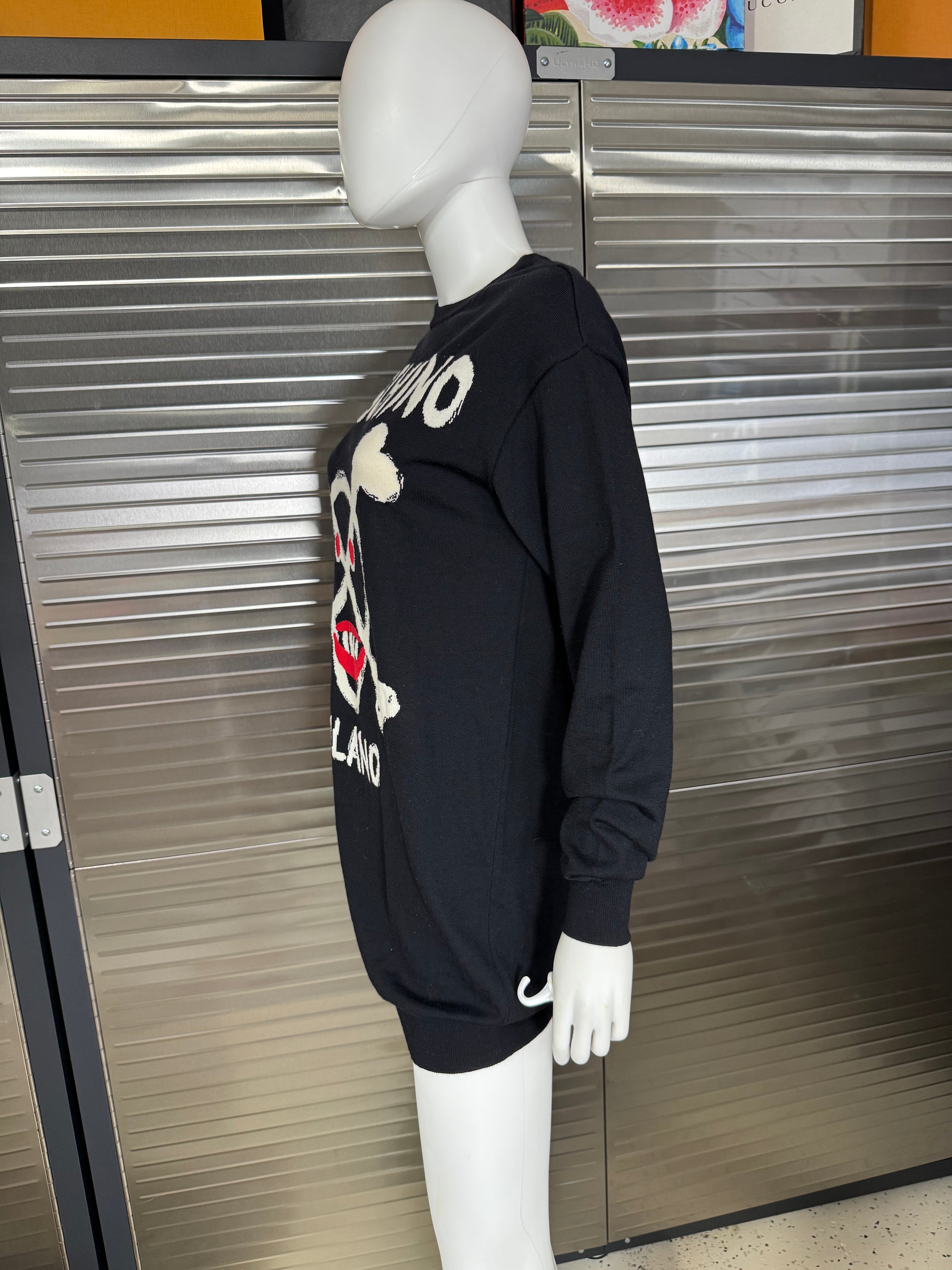 Moschino Couture Lightweight Wool Black Skull & Crossbone Sweater Dress XS