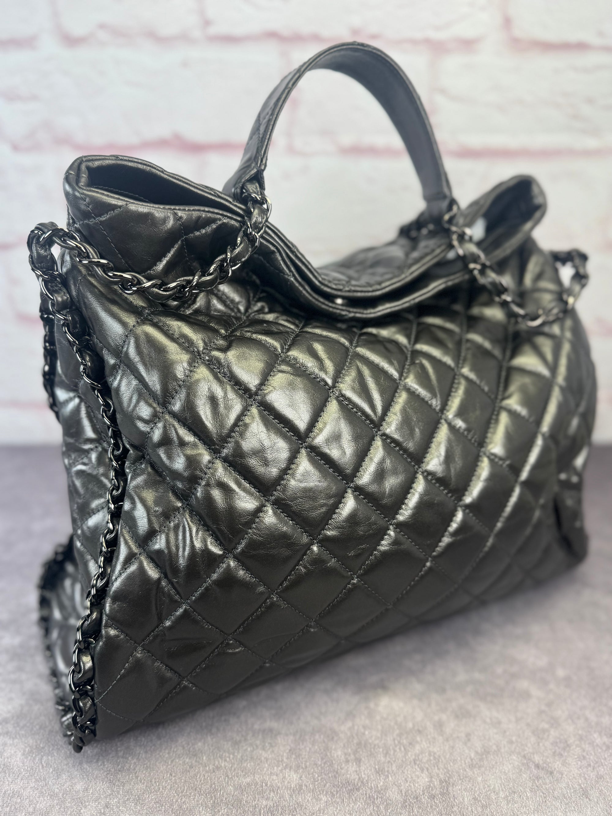 Chanel Gunmetal Leather Chain Me Quilted Bag